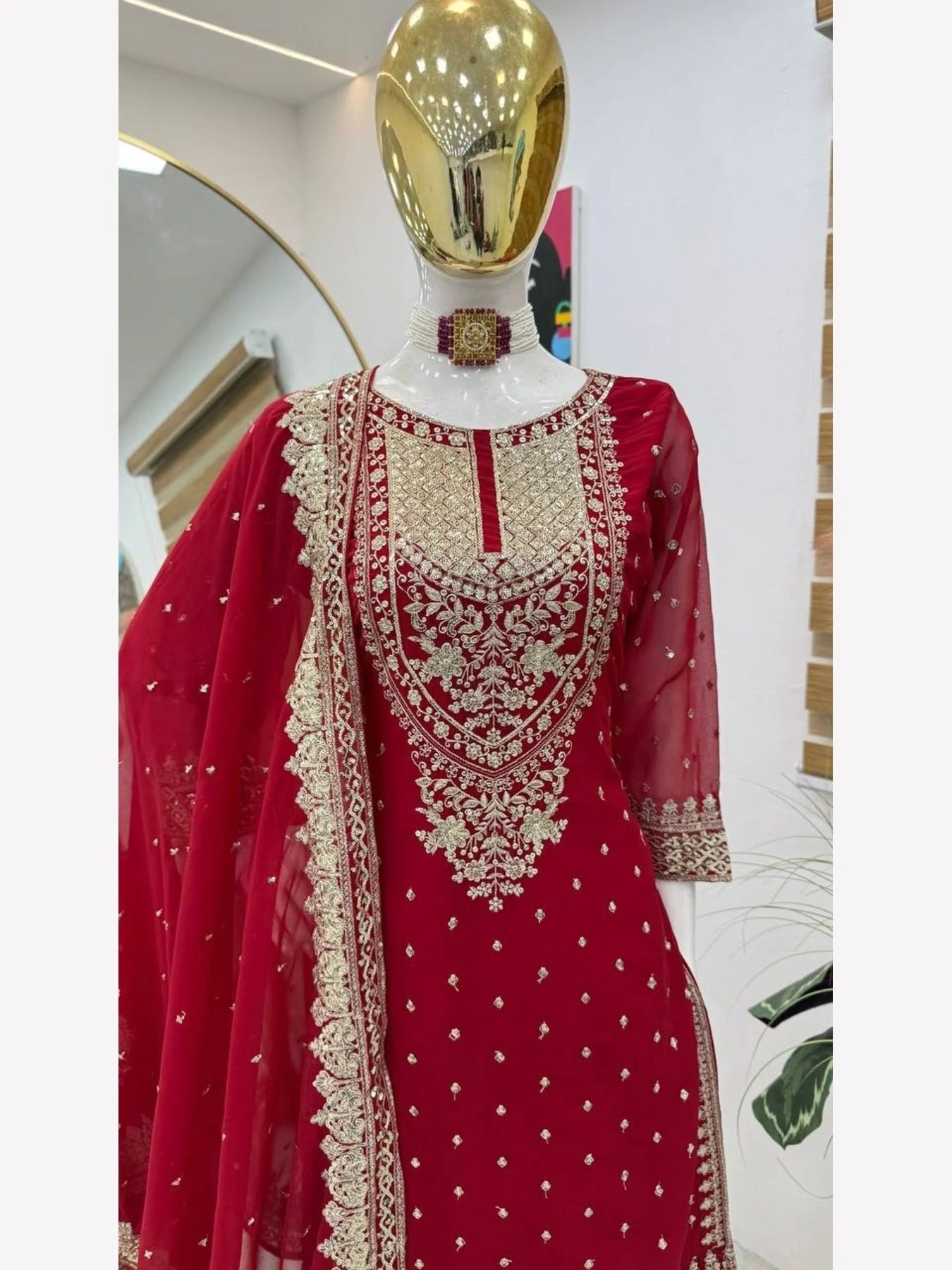 Women Red Designer Foux Georgette Embroidery and Sequence work Sharara set