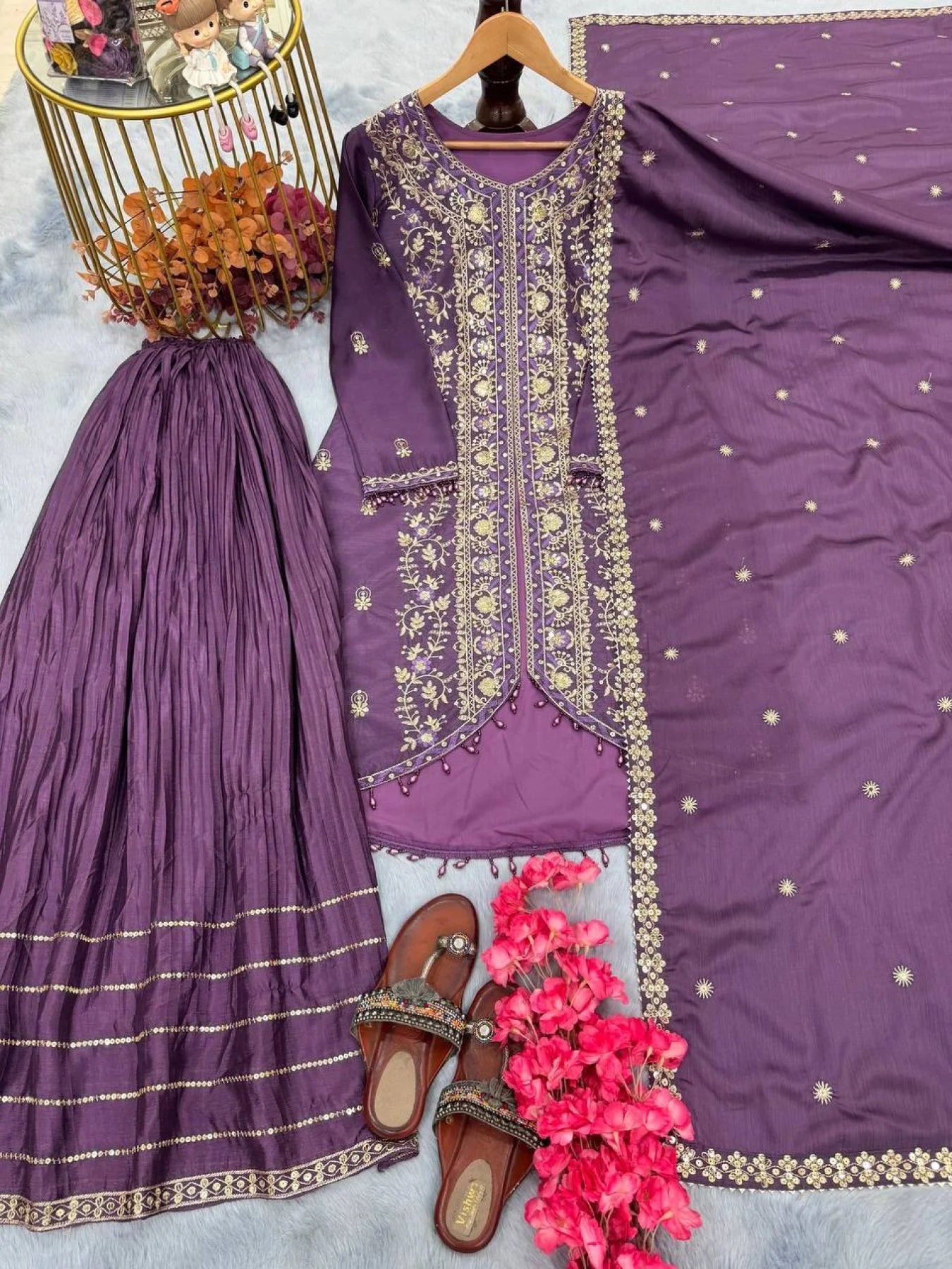 Launching New Designer Party Wear Look Pur Heavy pur chinon Silk Top Sharara Plazzo Dupatta Set