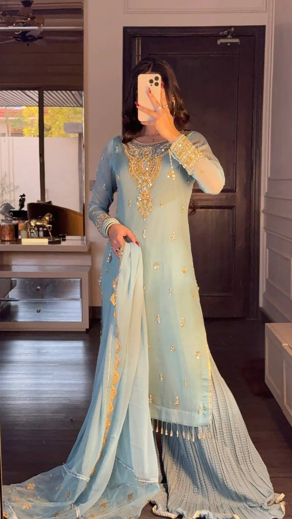 Luxurious Party Wear Sharara Suit Set Full Sleeves Embroidered Dupatta Ready to Wear Collection