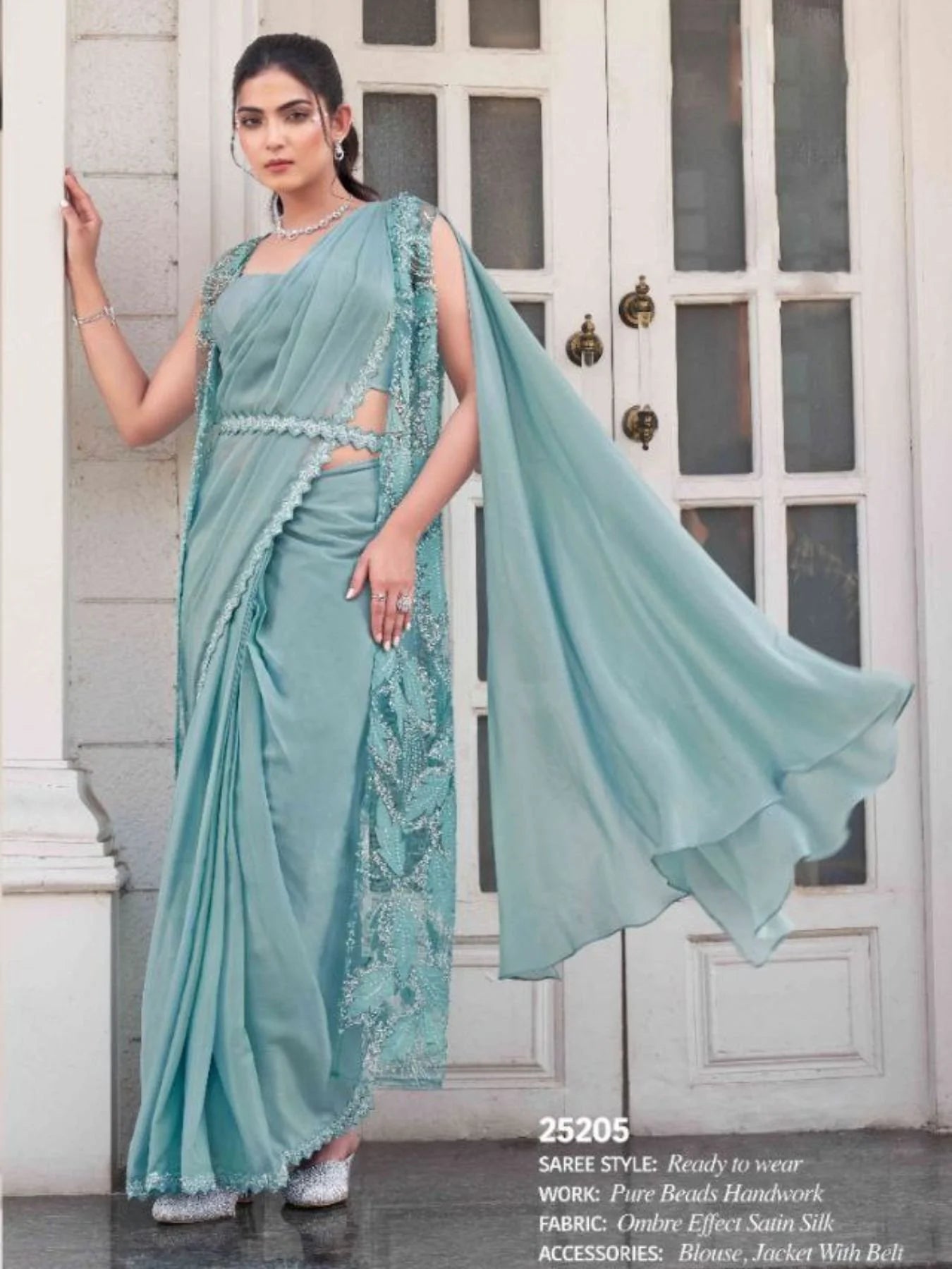 Exquisite Bead Embellished Party Wear Satin Silk Ombre Saree with Designer Jacket At Lowest Price