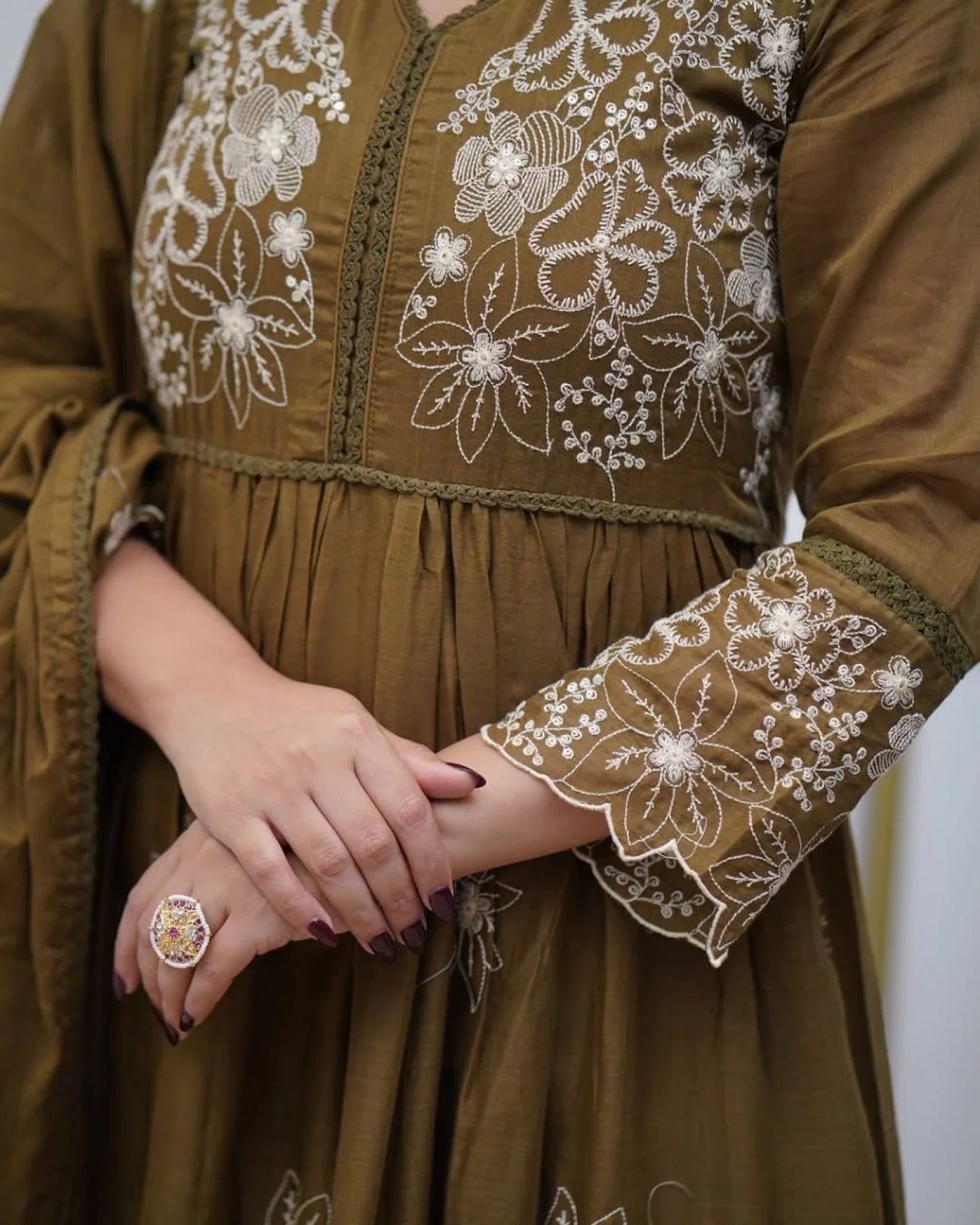 Heavy Embroidered Cotton Silk Gown Set with Chikan Lace Dupatta Ready to Wear Anarkali Collection Manufacturer in Surat