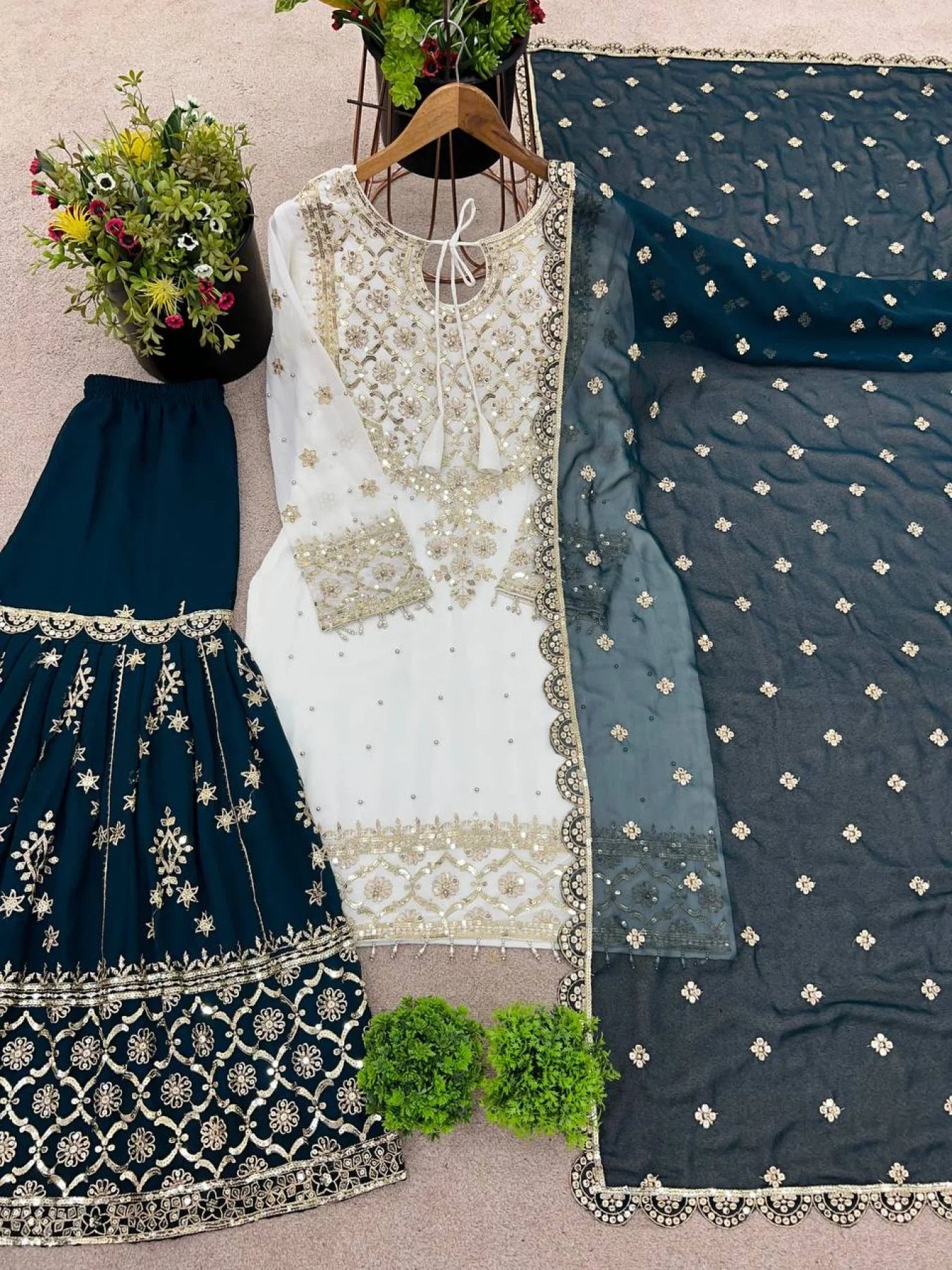 Latest Ready to Wear Heavy Georgette Sharara Suit with Embroidered Top and Dupatta Affordable 3 Piece Designer Set