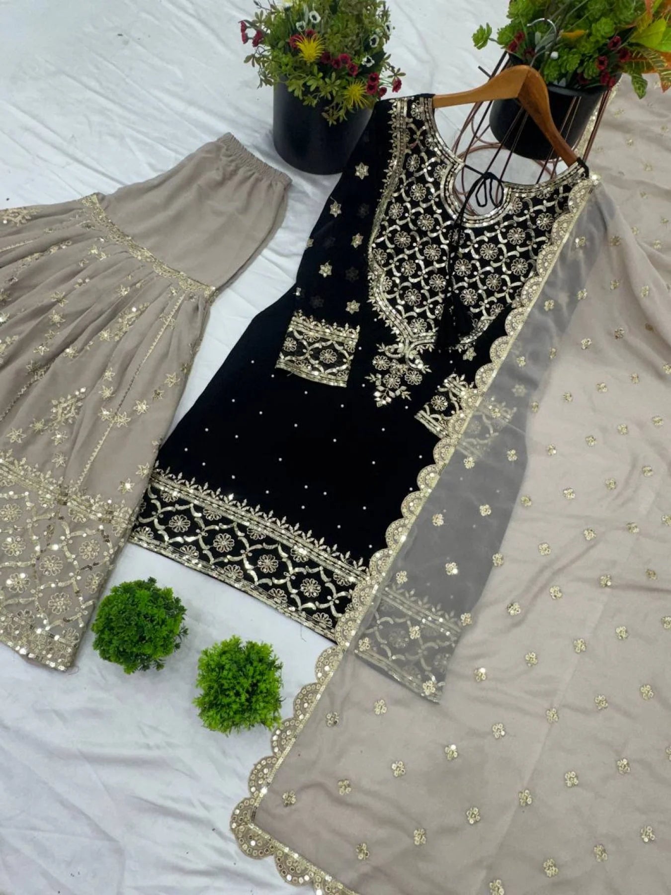 Top Designer 3 Piece Georgette Suit with Sharara and Embroidered Kurti Readymade Suit Set for Ladies
