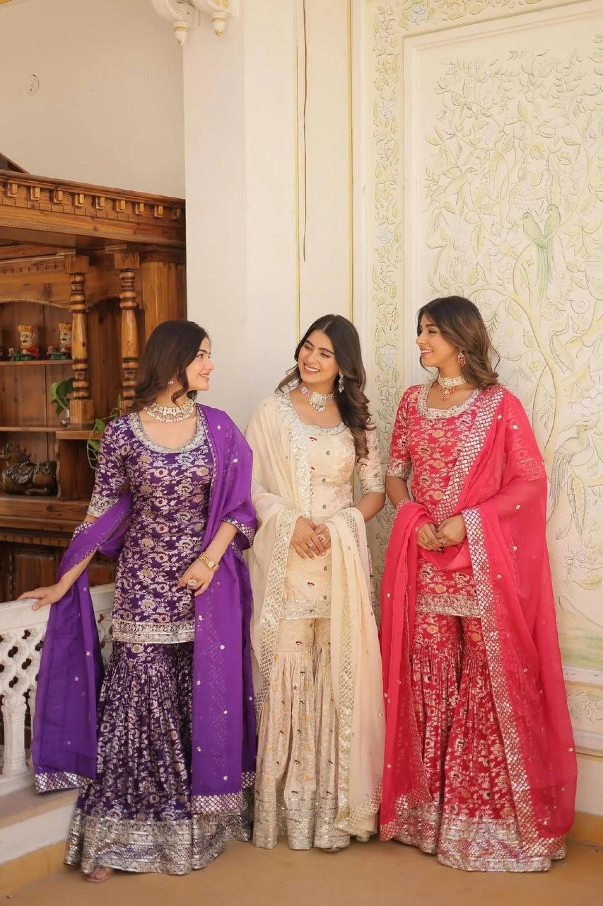 Ready to Wear wine Kurti Gharara in Viscose Jacquerd and Embroidery Sequence work with Russion Silk Dupatta