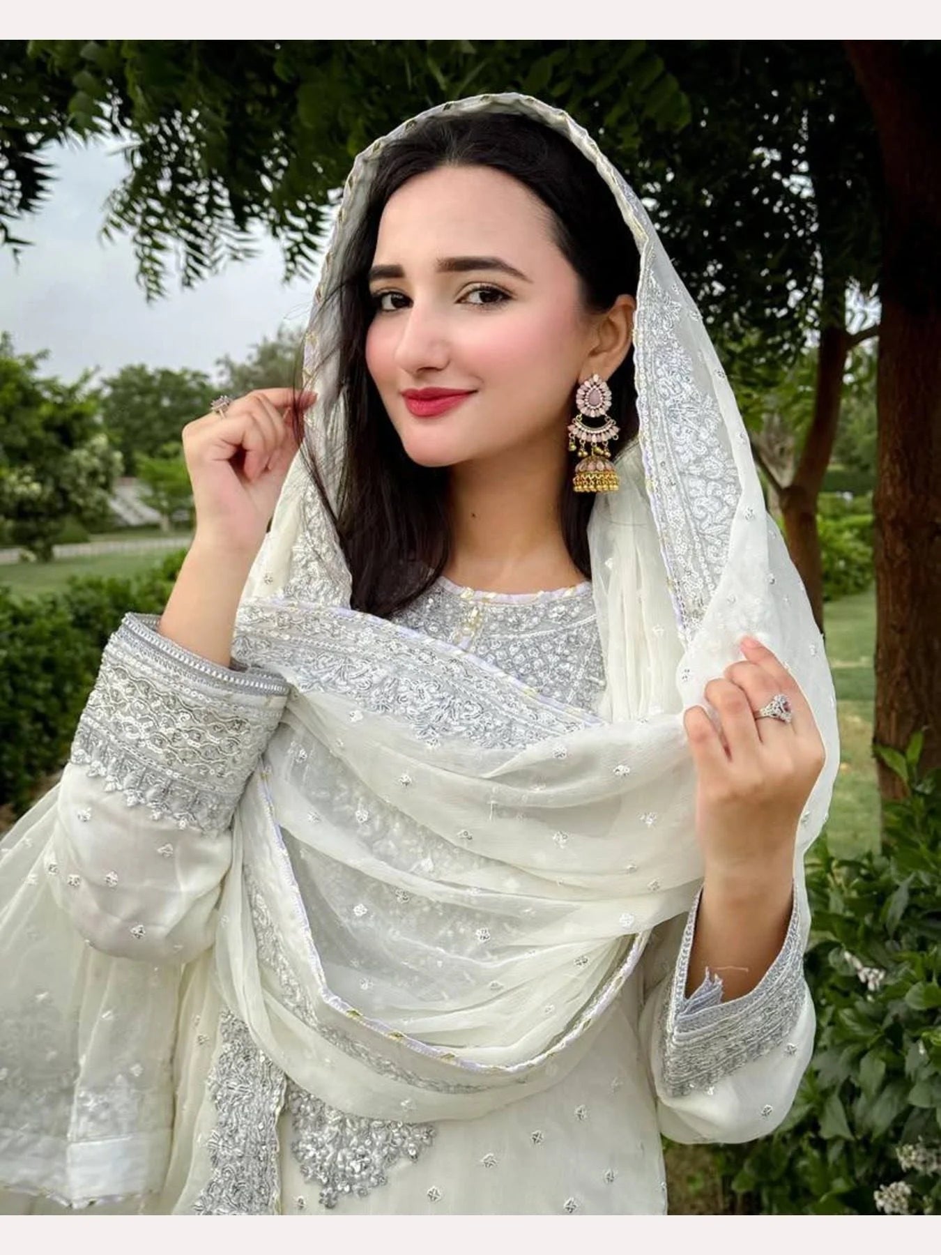 Women White Designer Foux Georgette Embroidery and Sequence work Sharara set