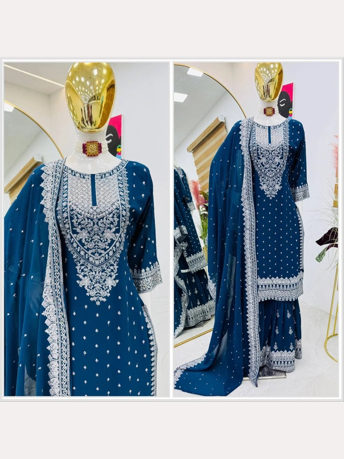 Women Blue Designer Foux Georgette Embroidery and Sequence work Sharara set