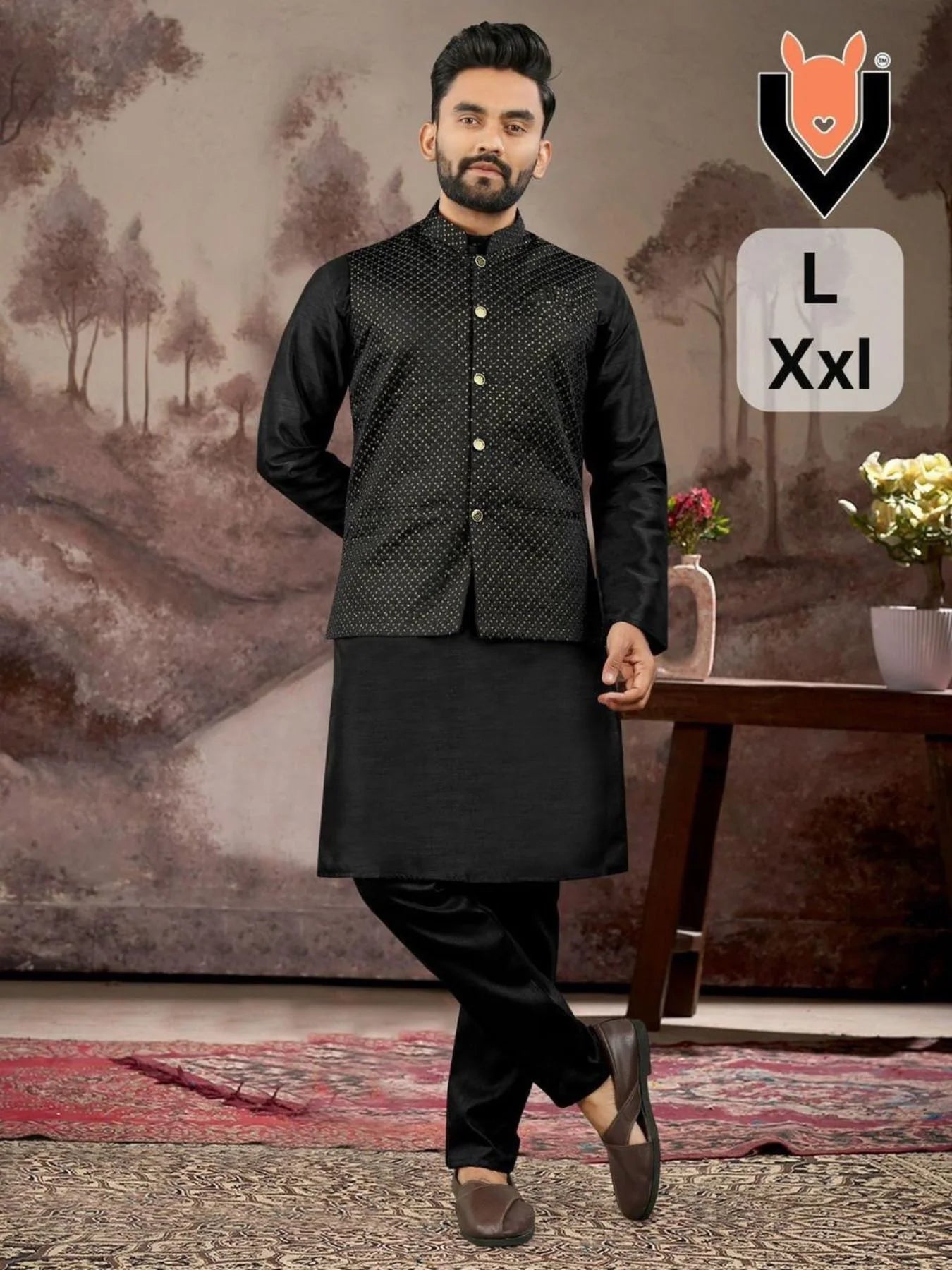 Royal Black Tone to Tone Designer Silk Kurta Pajama Koti Full Set for Men Premium Ready to Wear Ethnic Full Set for Resellers
