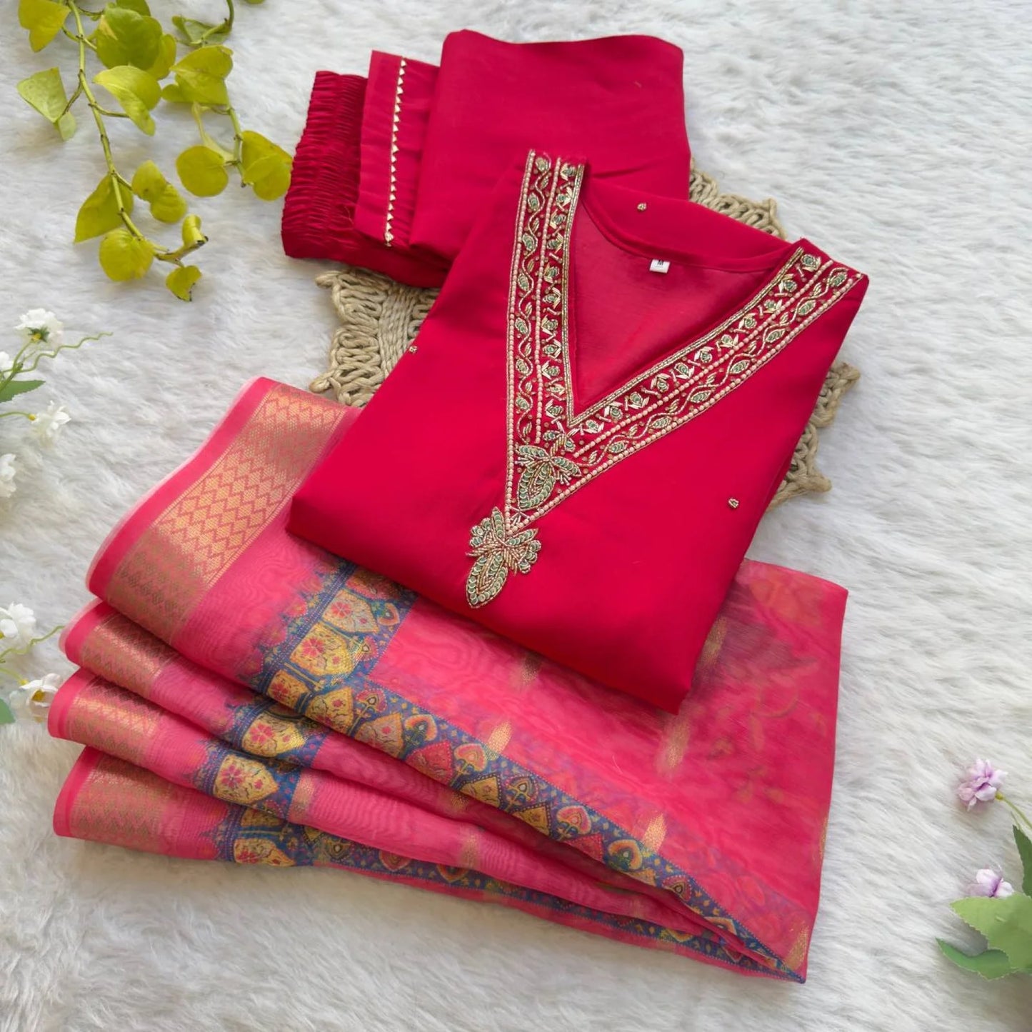 Ready-to-Wear Roman Silk Kurti Set with Zari Dupatta & Matching Pant 3PC Ethnic Womens Wear for Online Shopping