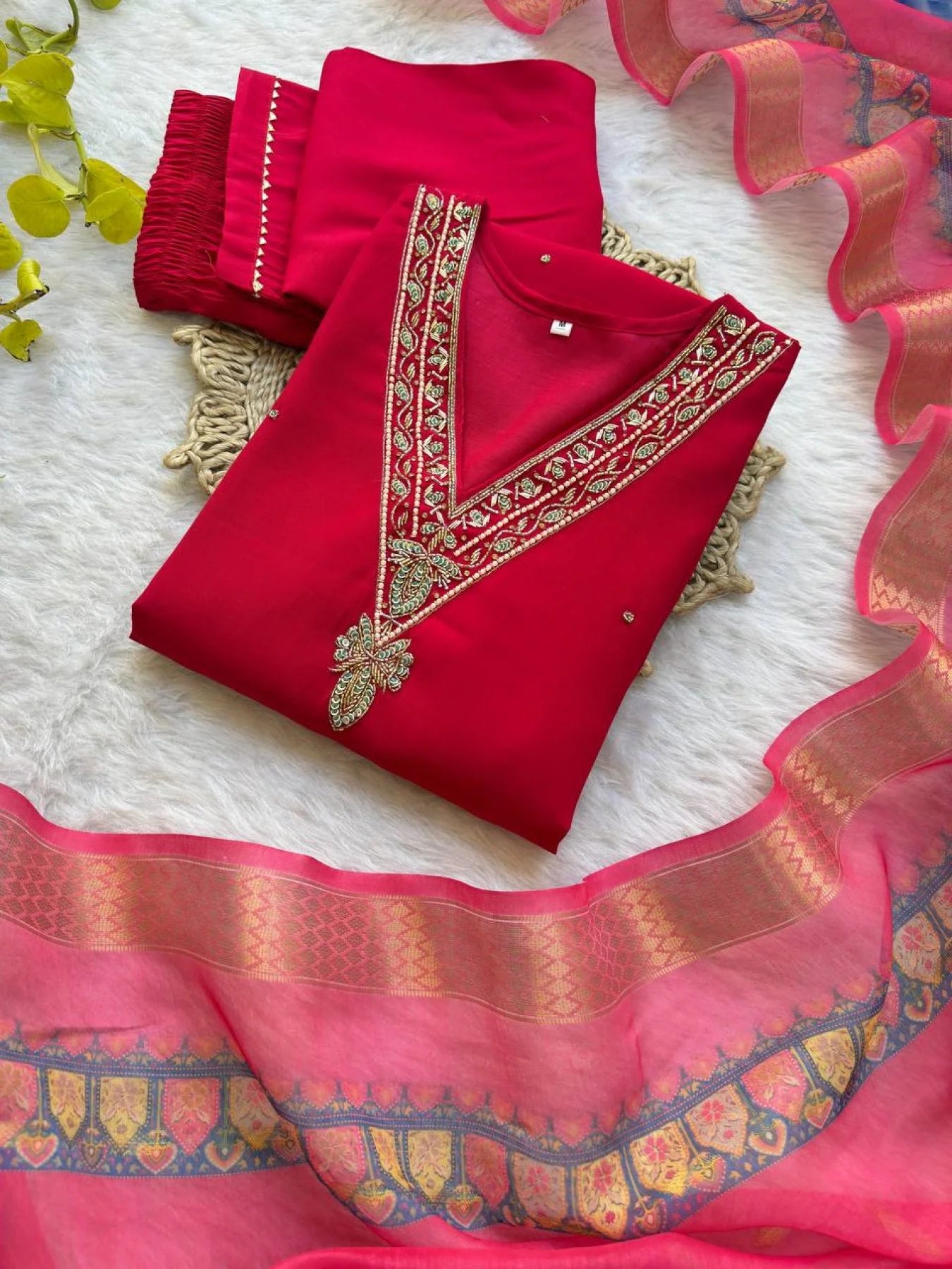 Ready-to-Wear Roman Silk Kurti Set with Zari Dupatta & Matching Pant 3PC Ethnic Womens Wear for Online Shopping
