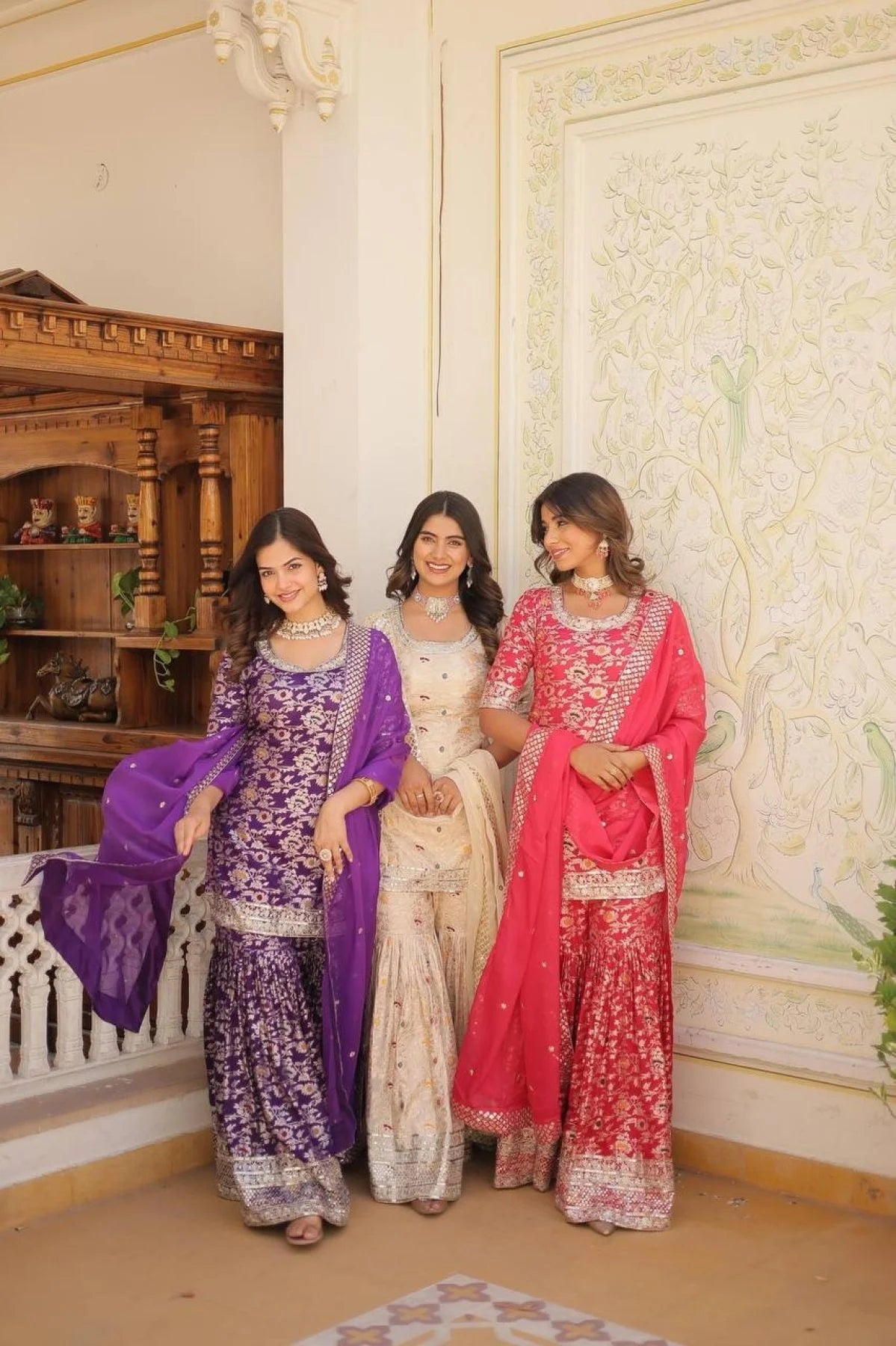 Ready to Wear wine Kurti Gharara in Viscose Jacquerd and Embroidery Sequence work with Russion Silk Dupatta