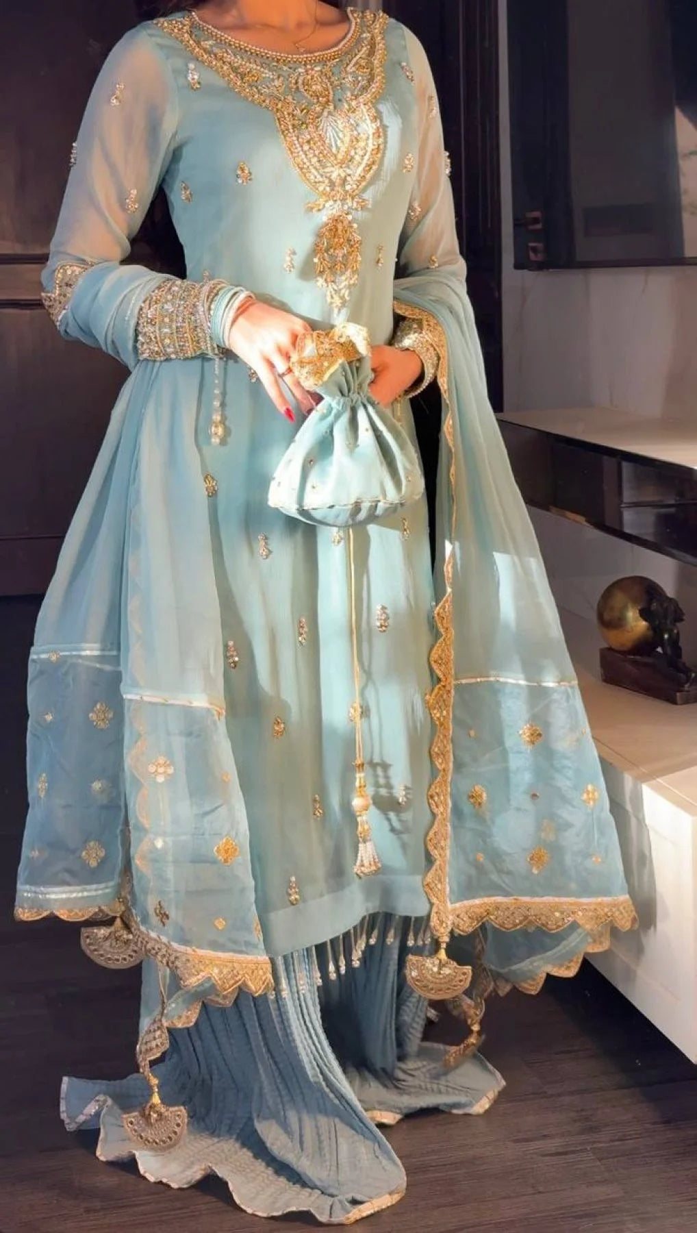 Luxurious Party Wear Sharara Suit Set Full Sleeves Embroidered Dupatta Ready to Wear Collection