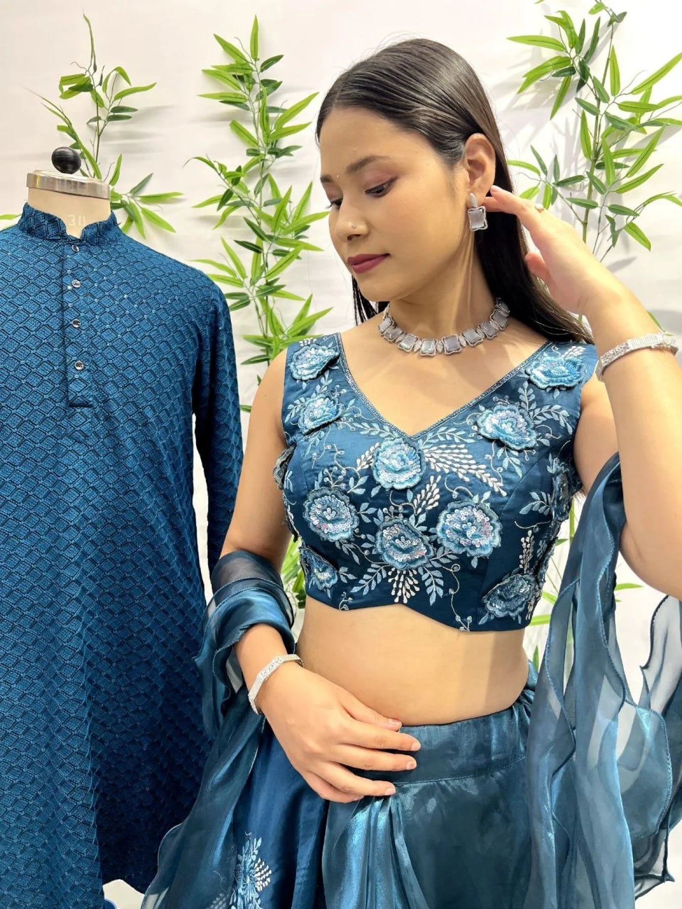 Rama Western Flower Couple Combo Lahenga Choli