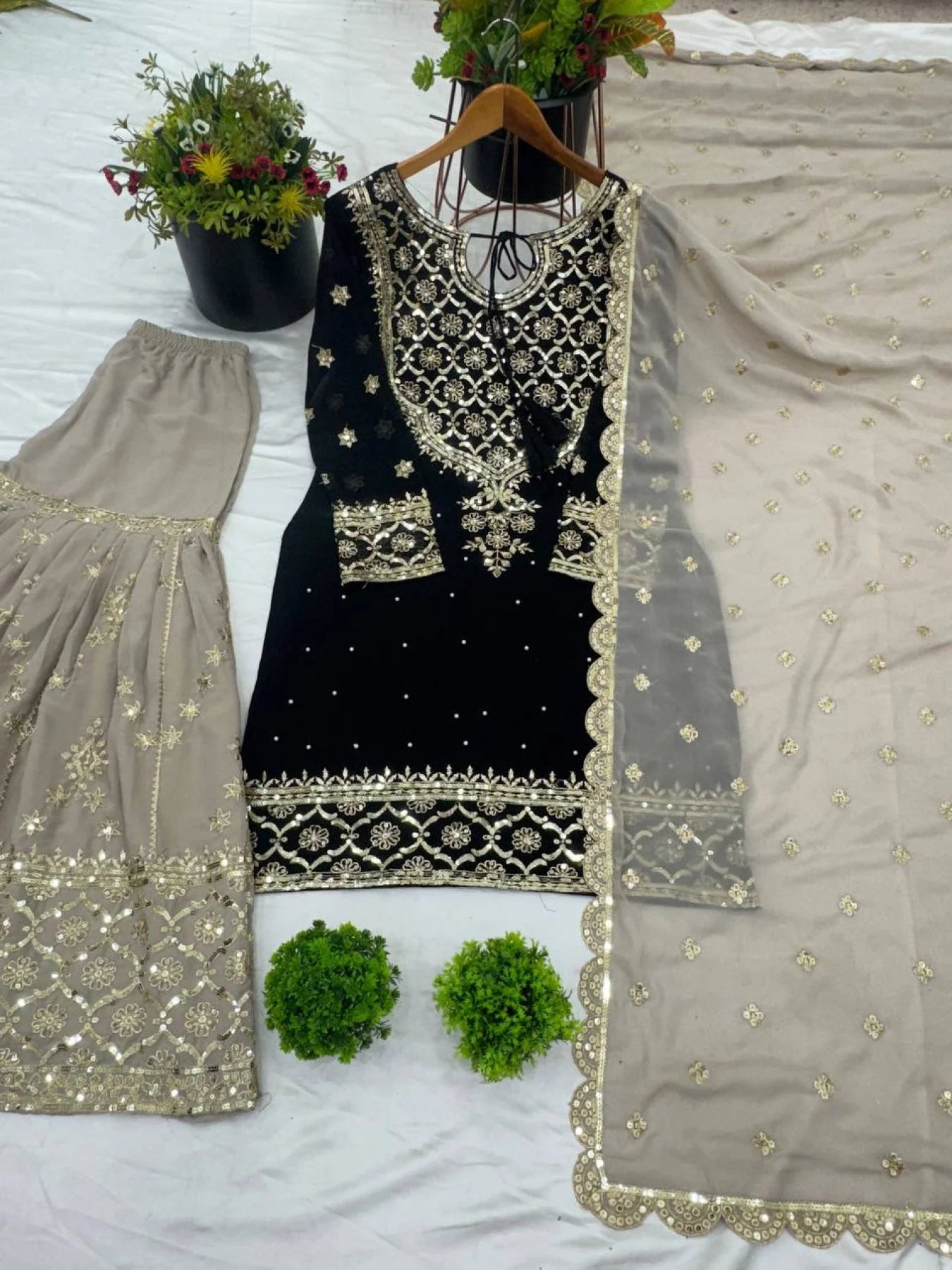 Top Designer 3 Piece Georgette Suit with Sharara and Embroidered Kurti Readymade Suit Set for Ladies