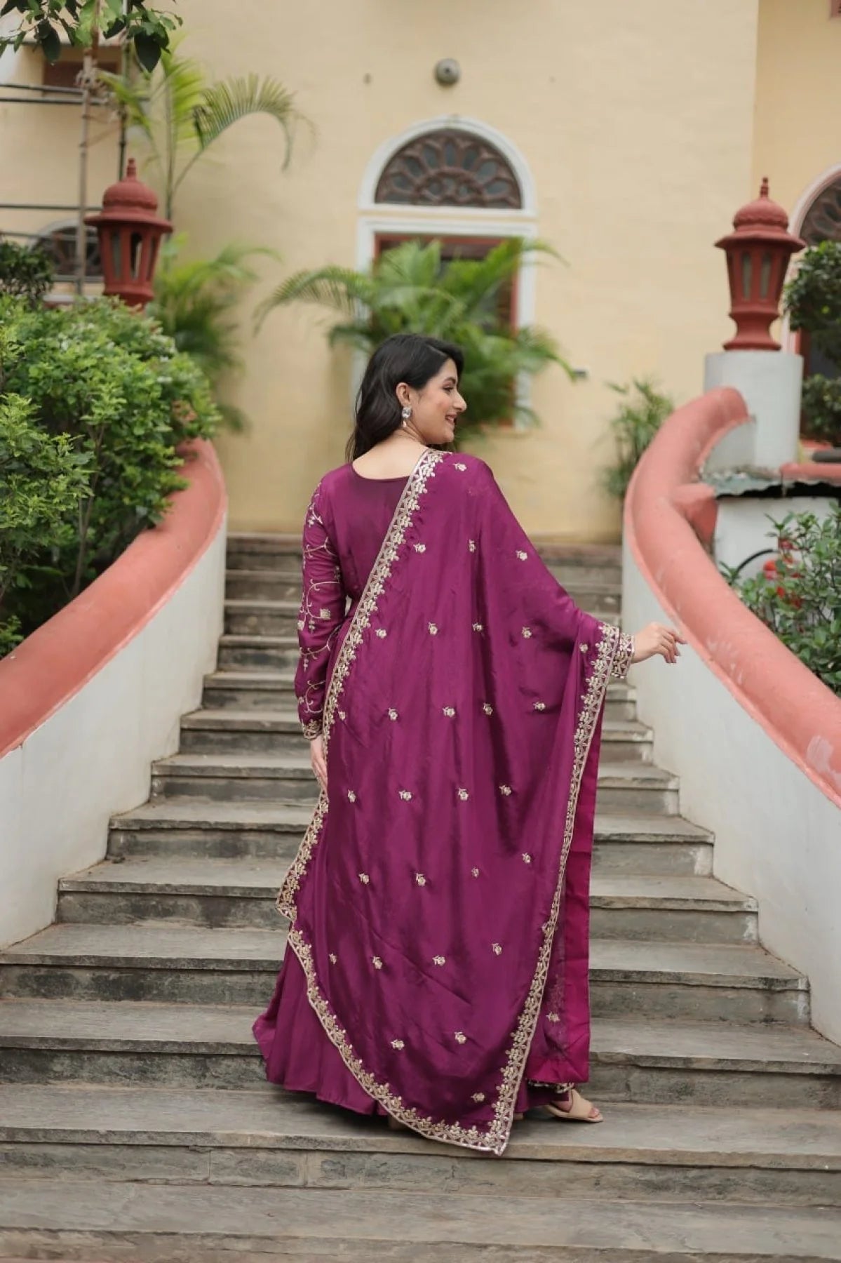 Stunning Wine Color Chinon Designer Embroidered Salwar Suit