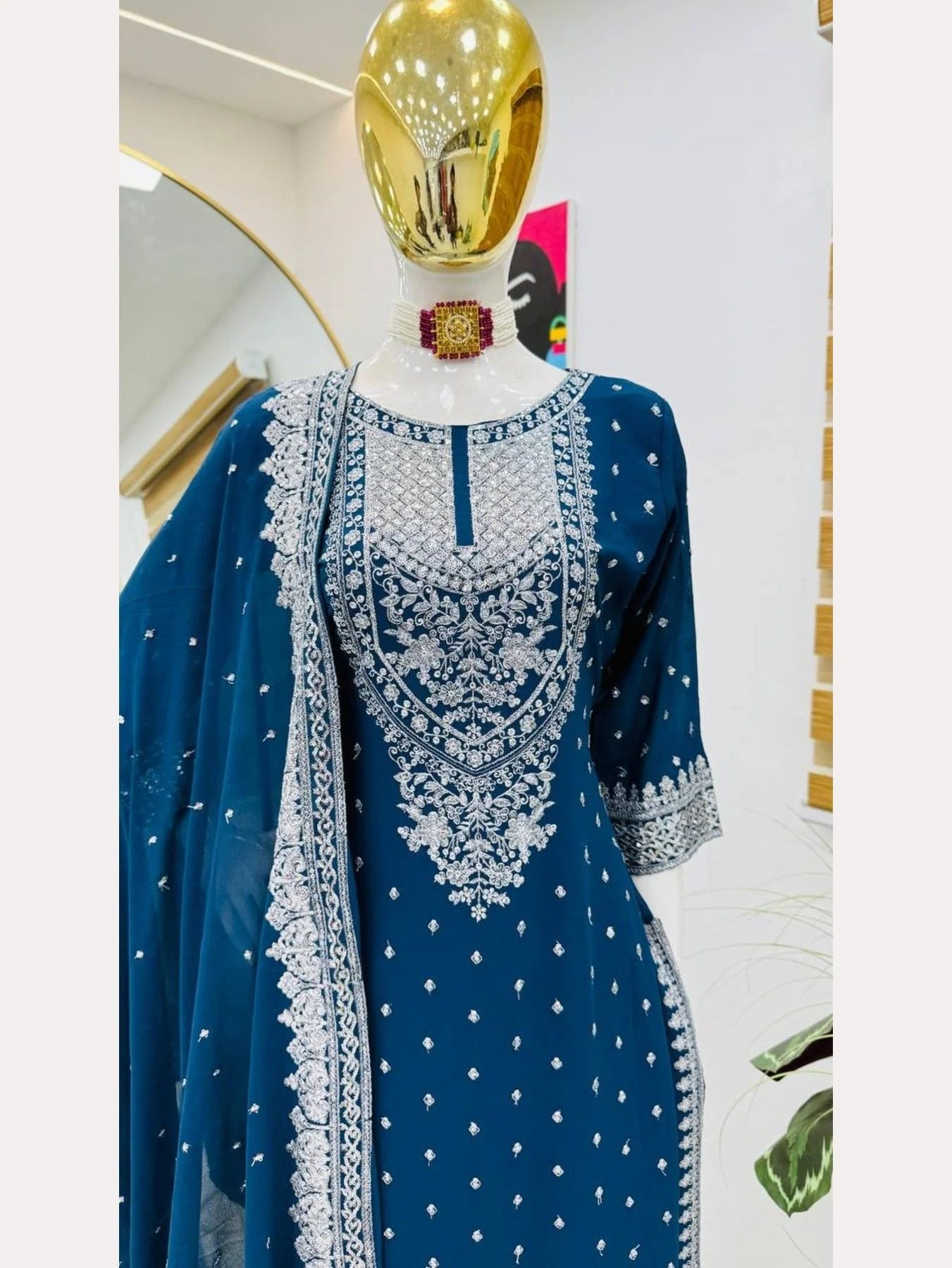 Women Blue Designer Foux Georgette Embroidery and Sequence work Sharara set