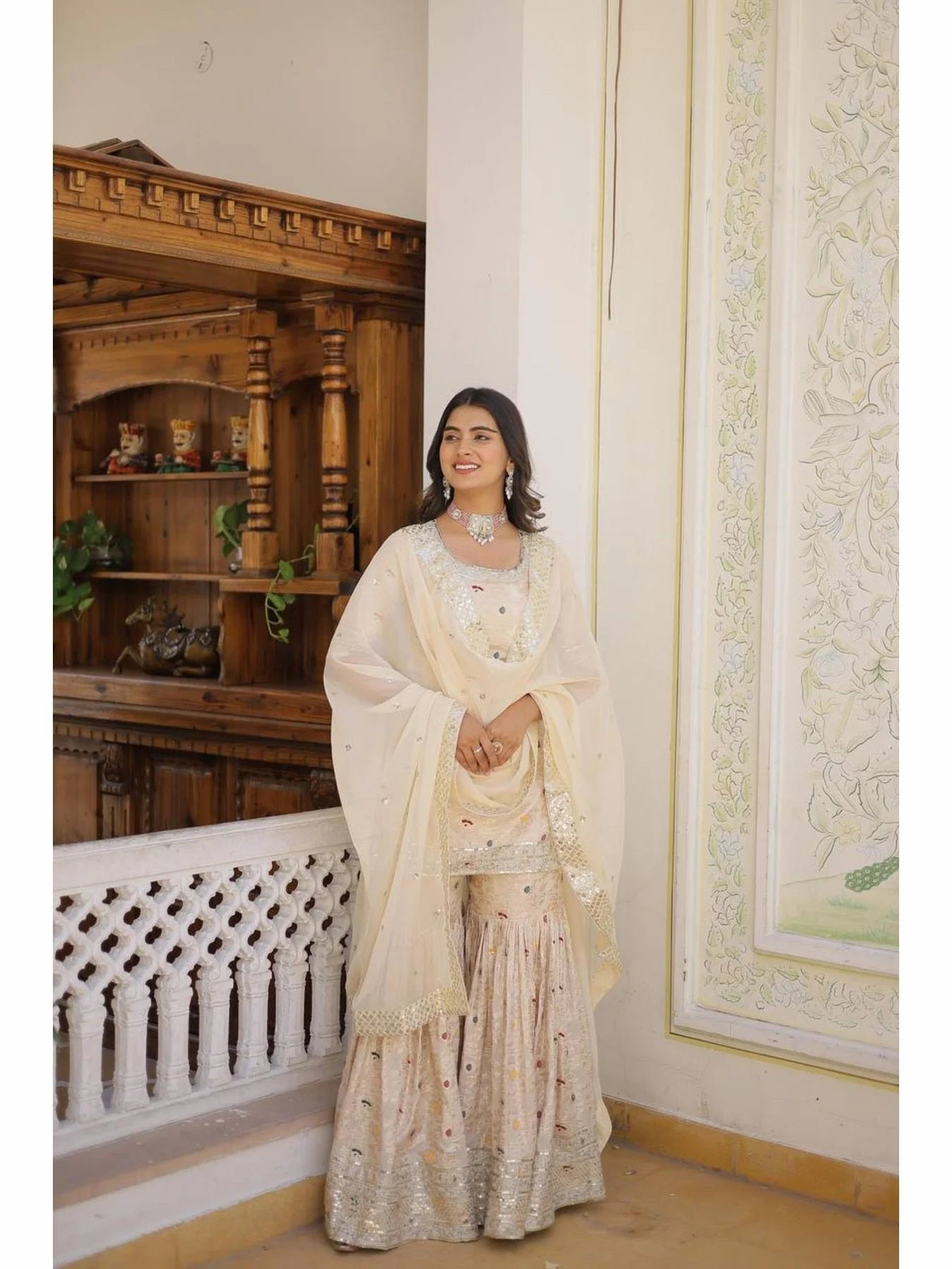 Ready to Wear Off White Kurti Gharara in Viscose Jacquerd and Embroidery Sequence work with Russion Silk Dupatta