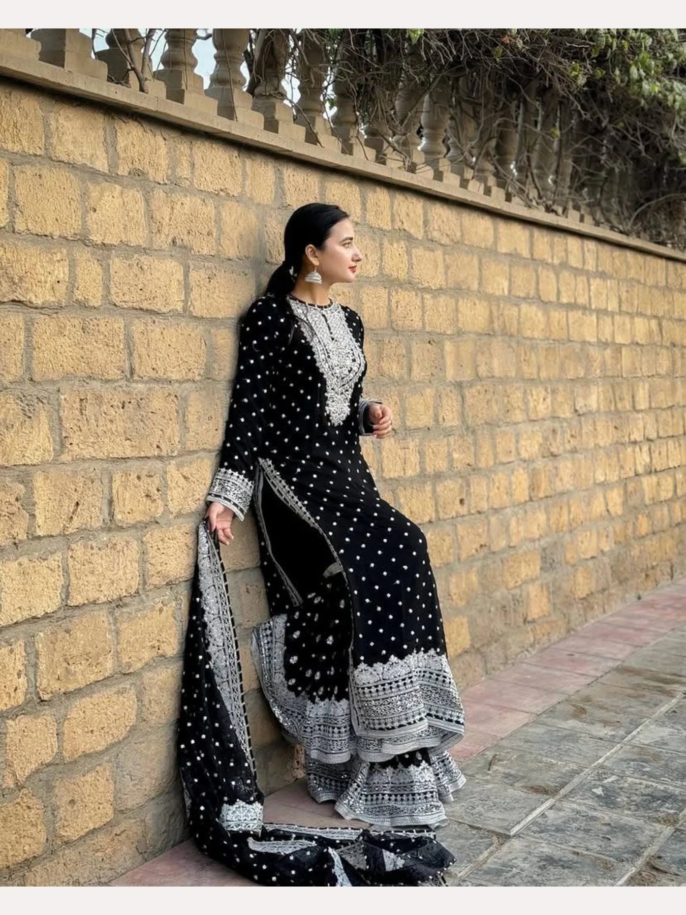 Women Black Designer Foux Georgette Embroidery and Sequence work Sharara set