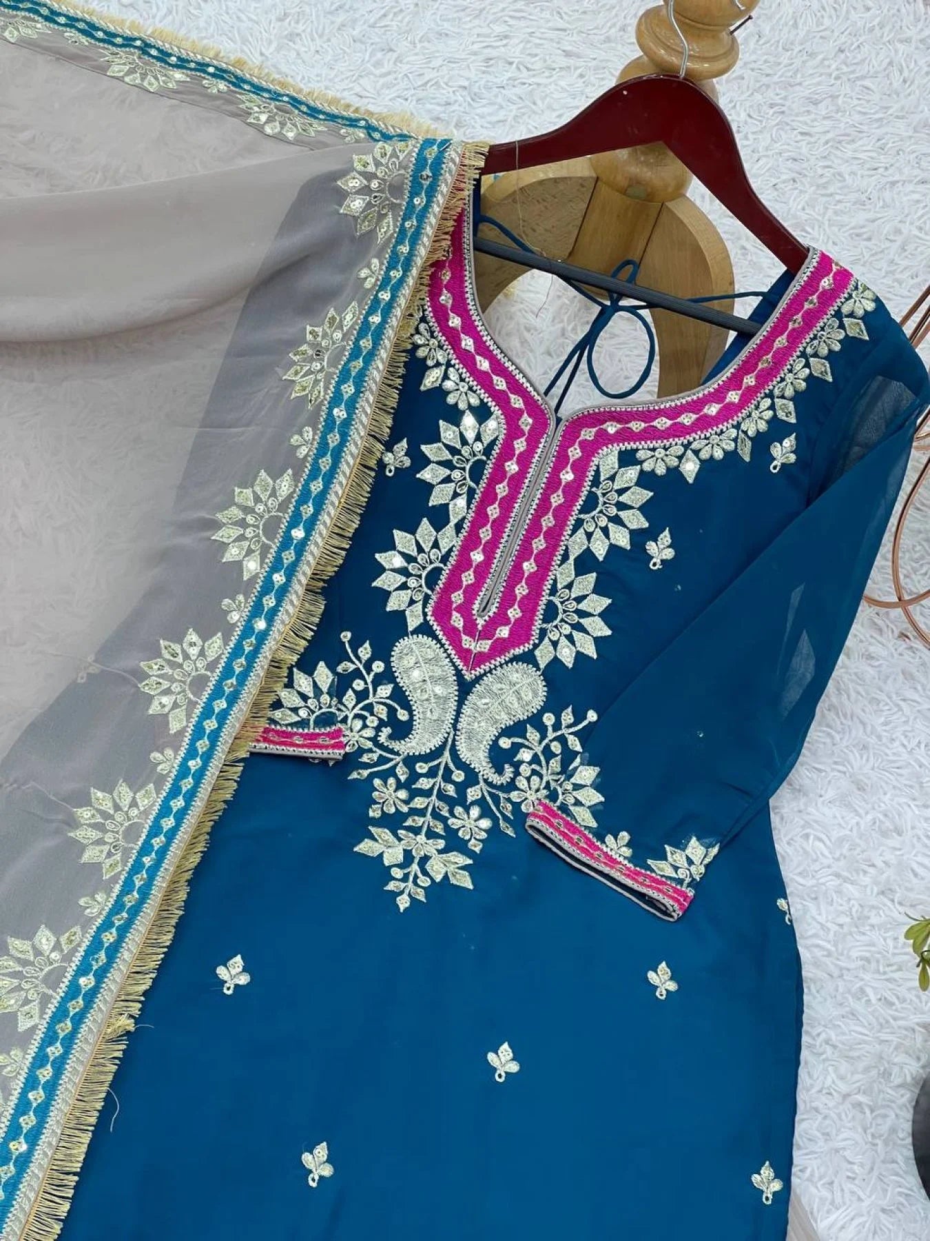 Royal Embroidered Sharara Suit Set in Pure Georgette Top with Mirror & Sequin Work, Paired with Heavy Flared Sharara Ready-to-Wear