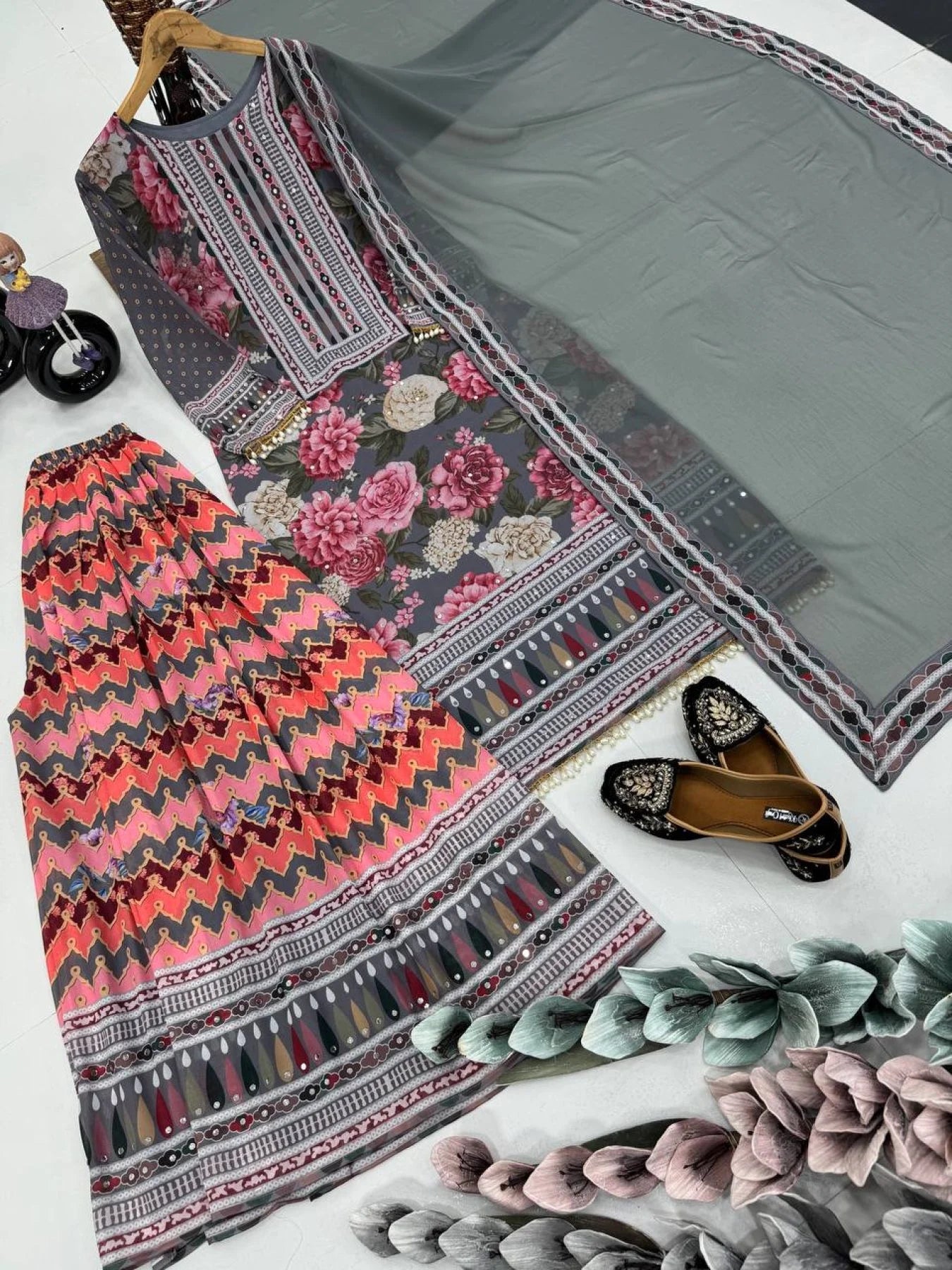 New womens wear Fancy printed Embroidered And Real Mirror Work Top And Pant With Printed Dupatta Kurta Set