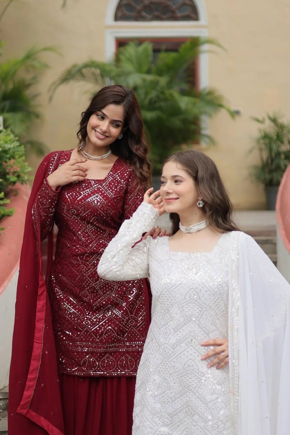Extraordinary White Color Kurti Sharara Set with Embroidered Dupatta for Women