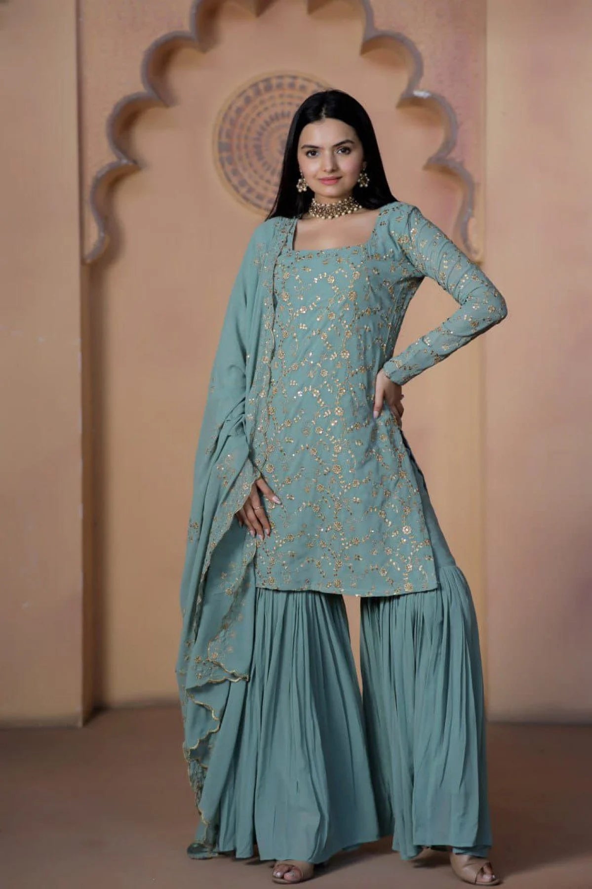 Designer Faux Georgette Embroidery Work Sharara Suits