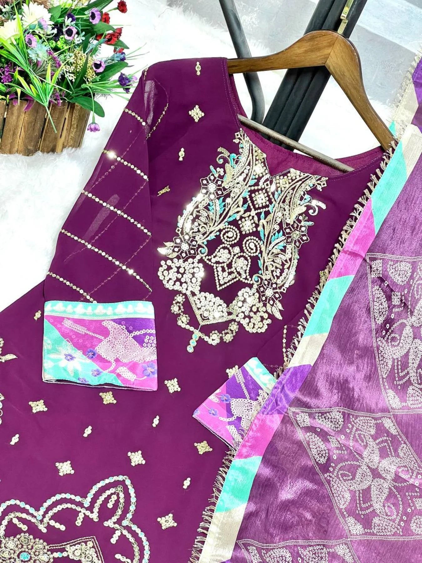 New Launch Party Wear Chinon Suit Set Ready to Wear Heavy Embroidery Sequin Work Latest Collection