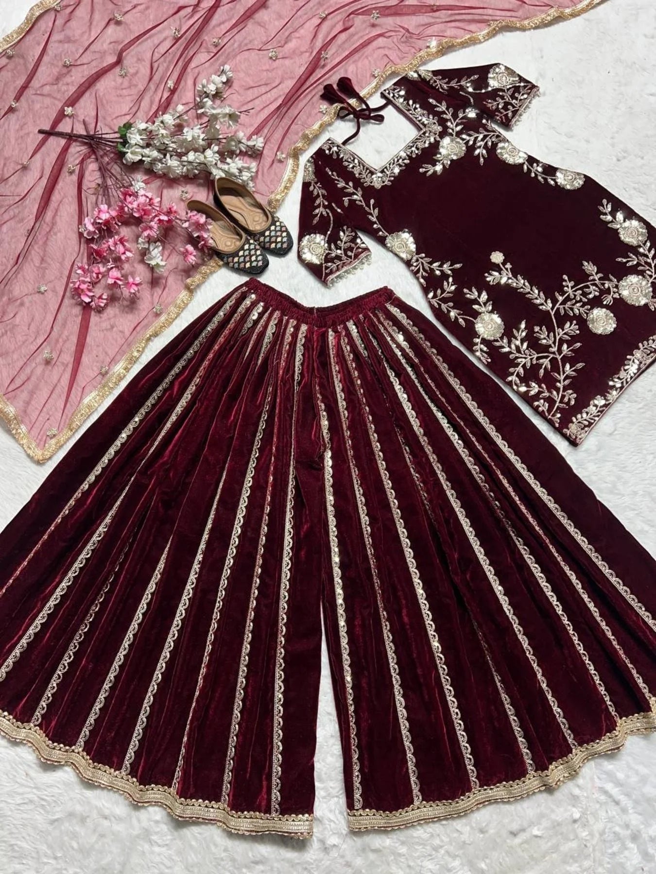 Latest Winter Viscos Velvet Sharara set with Heavy Embroidery work