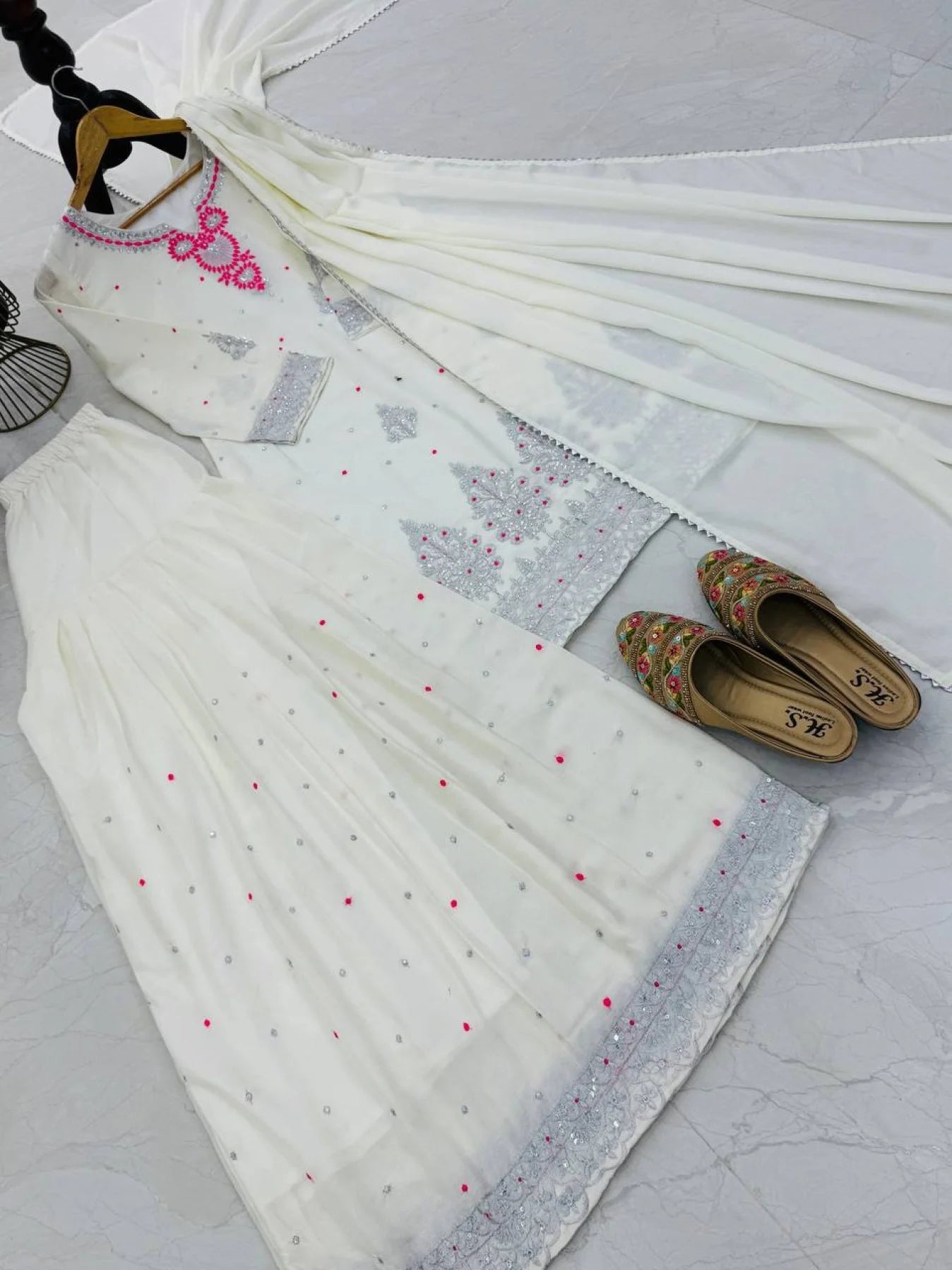 White Chinon Sharara Suit With Sequin Embroidery Ready To Wear Designer Set From Royalexport Surat