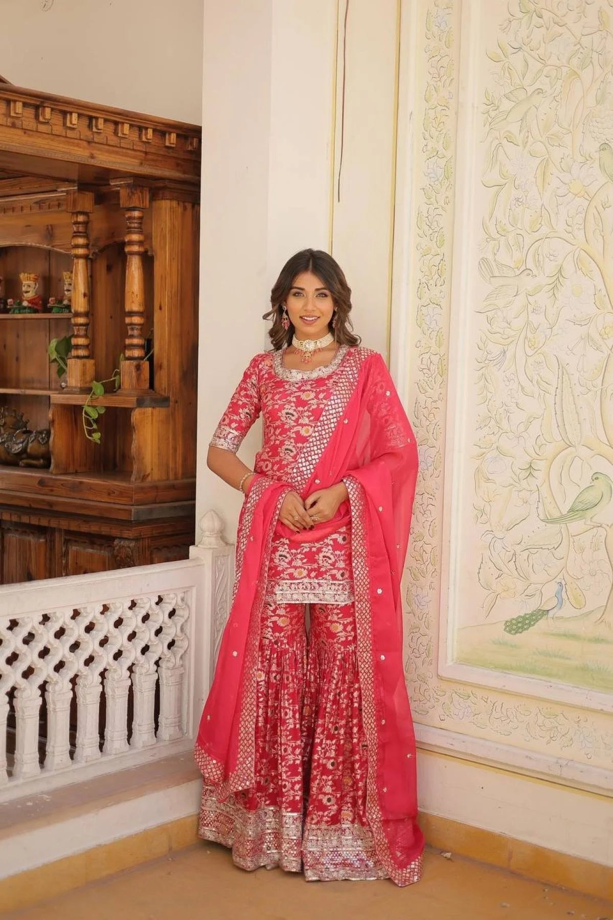 Ready to Wear Rani pink Kurti Gharara in Viscose Jacquerd and Embroidery Sequence work with Russion Silk Dupatta