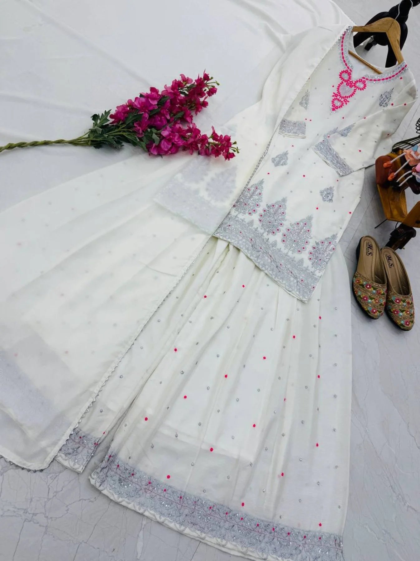 White Chinon Sharara Suit With Sequin Embroidery Ready To Wear Designer Set From Royalexport Surat