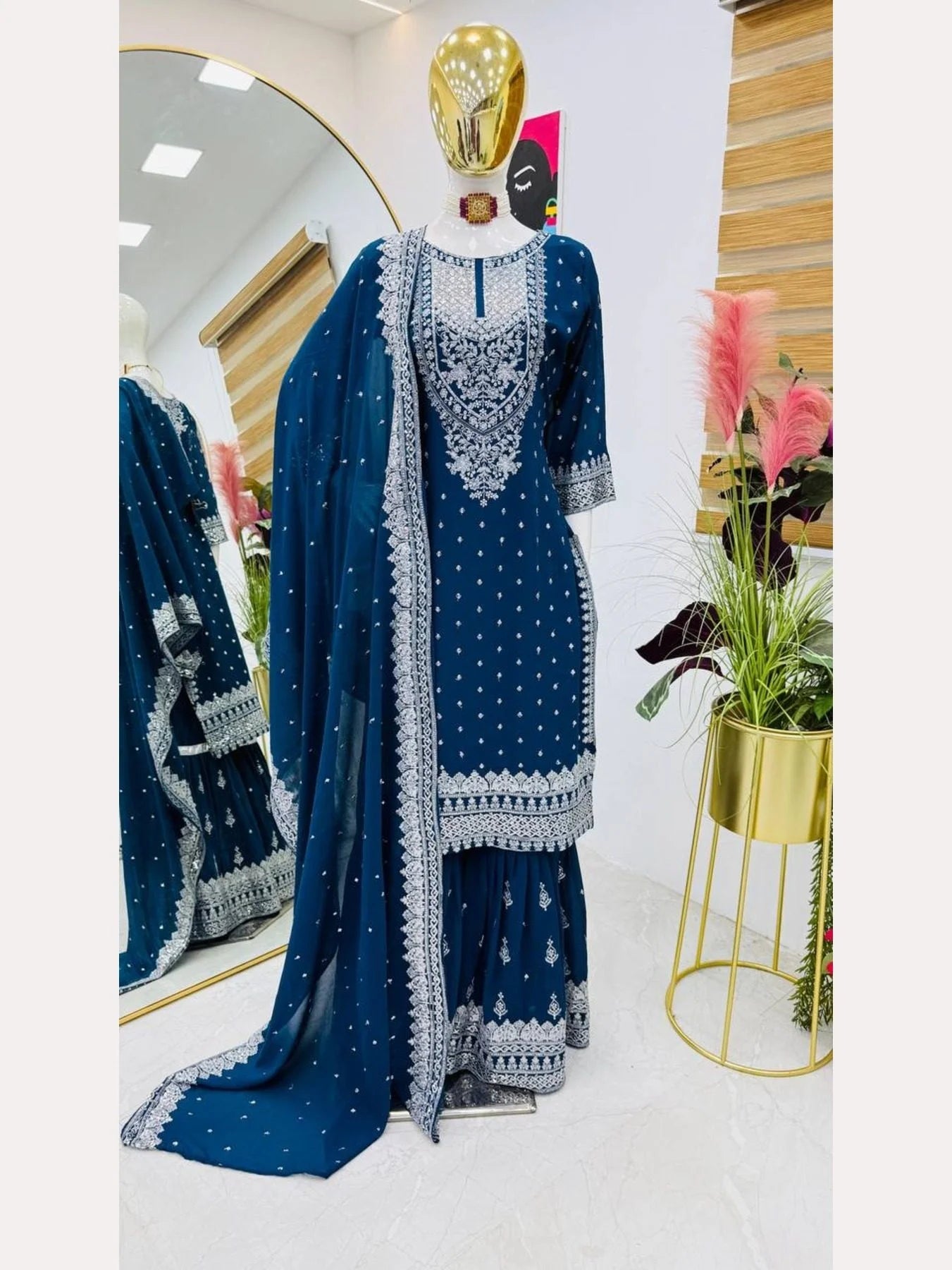 Women Blue Designer Foux Georgette Embroidery and Sequence work Sharara set