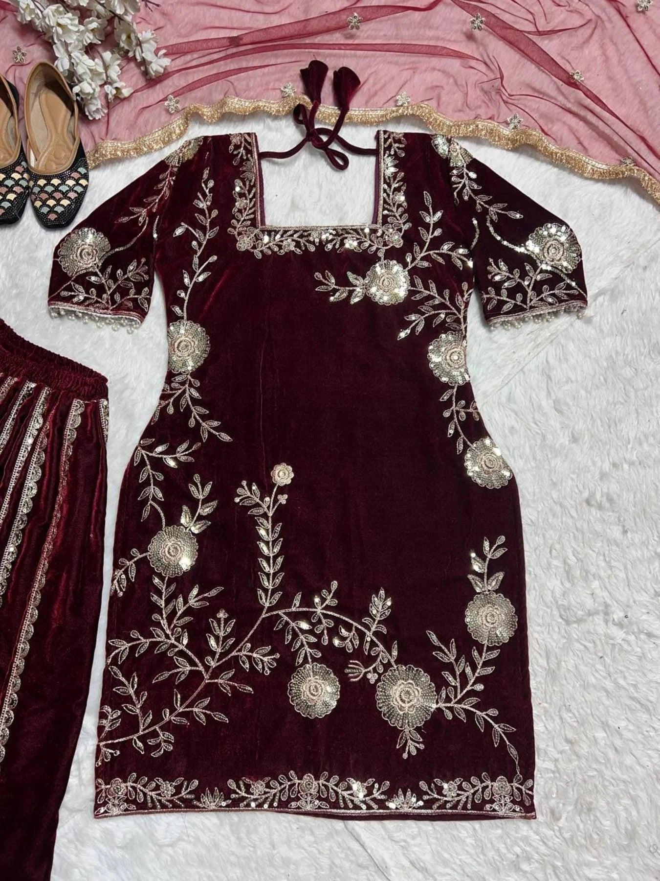 Latest Winter Viscos Velvet Sharara set with Heavy Embroidery work