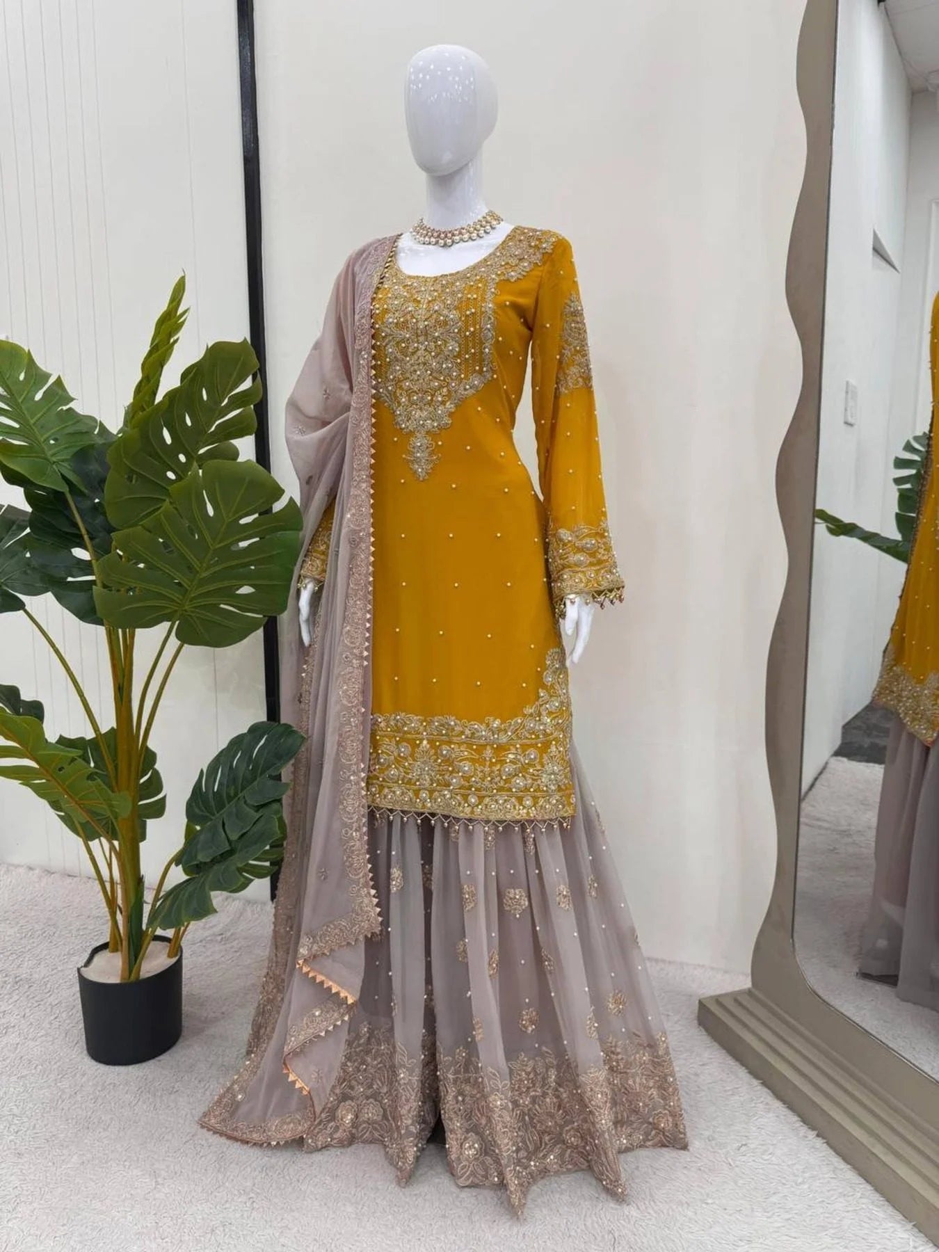 Beautiful Designer faux Georgette Sequence yellow Sharara set with Dupatta