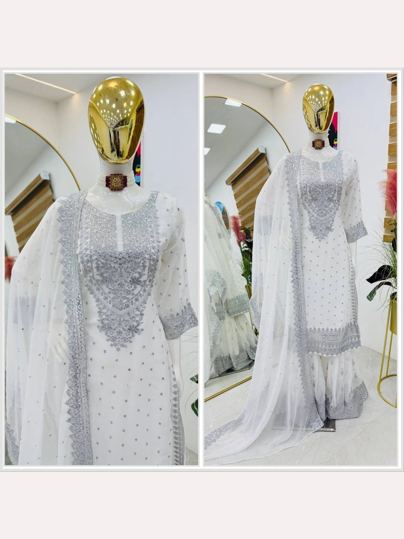 Women White Designer Foux Georgette Embroidery and Sequence work Sharara set