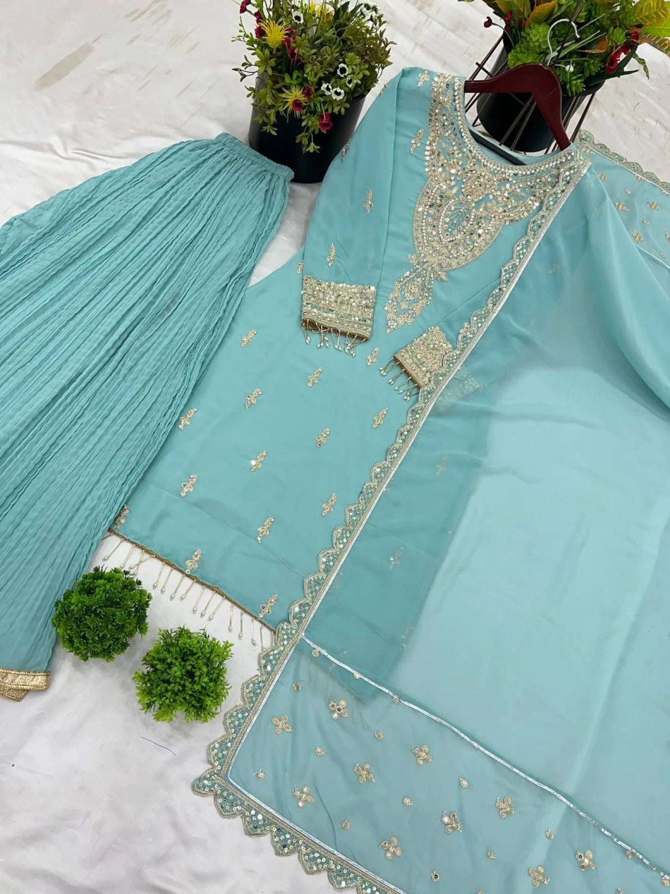 Luxurious Party Wear Sharara Suit Set Full Sleeves Embroidered Dupatta Ready to Wear Collection