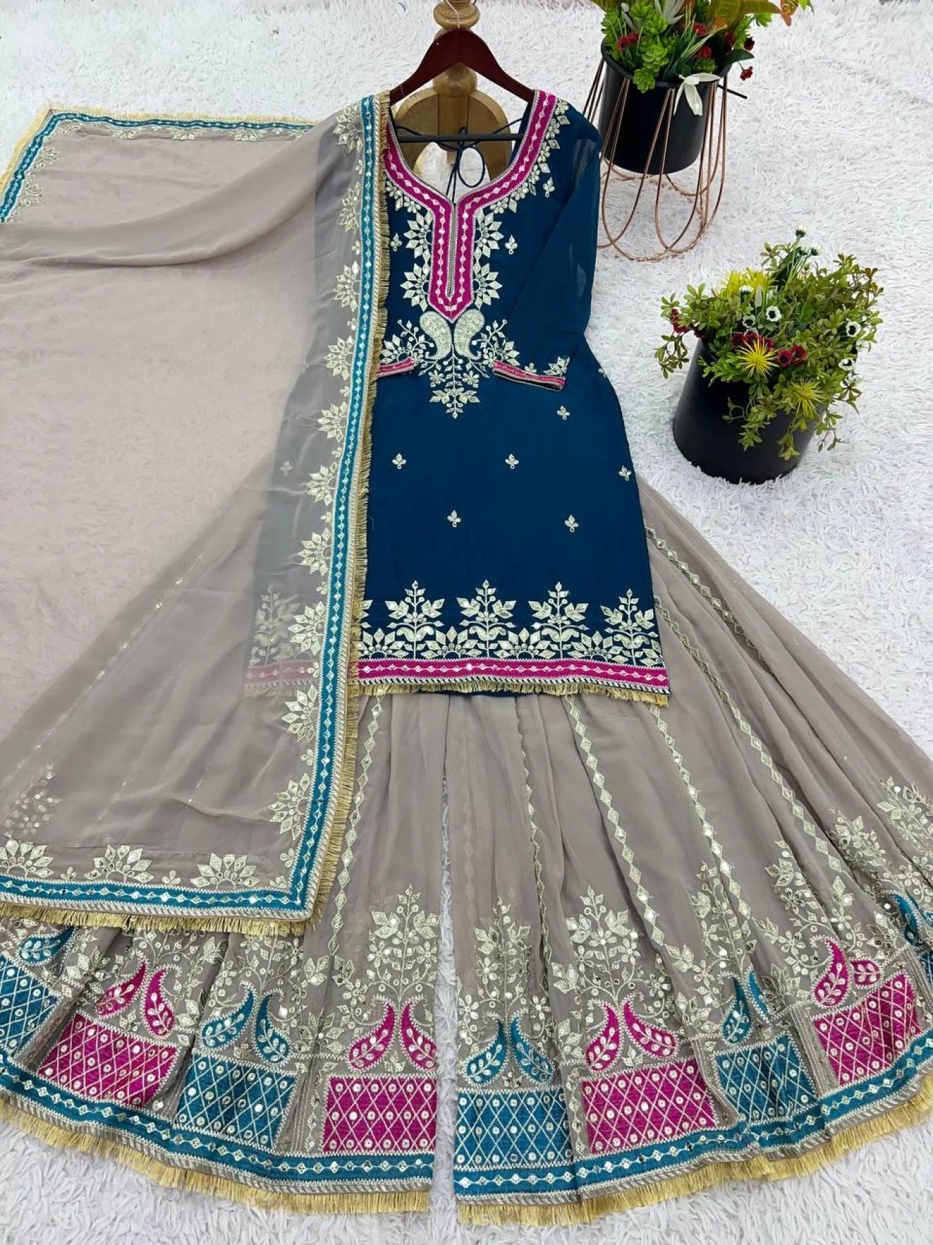 Royal Embroidered Sharara Suit Set in Pure Georgette Top with Mirror & Sequin Work, Paired with Heavy Flared Sharara Ready-to-Wear