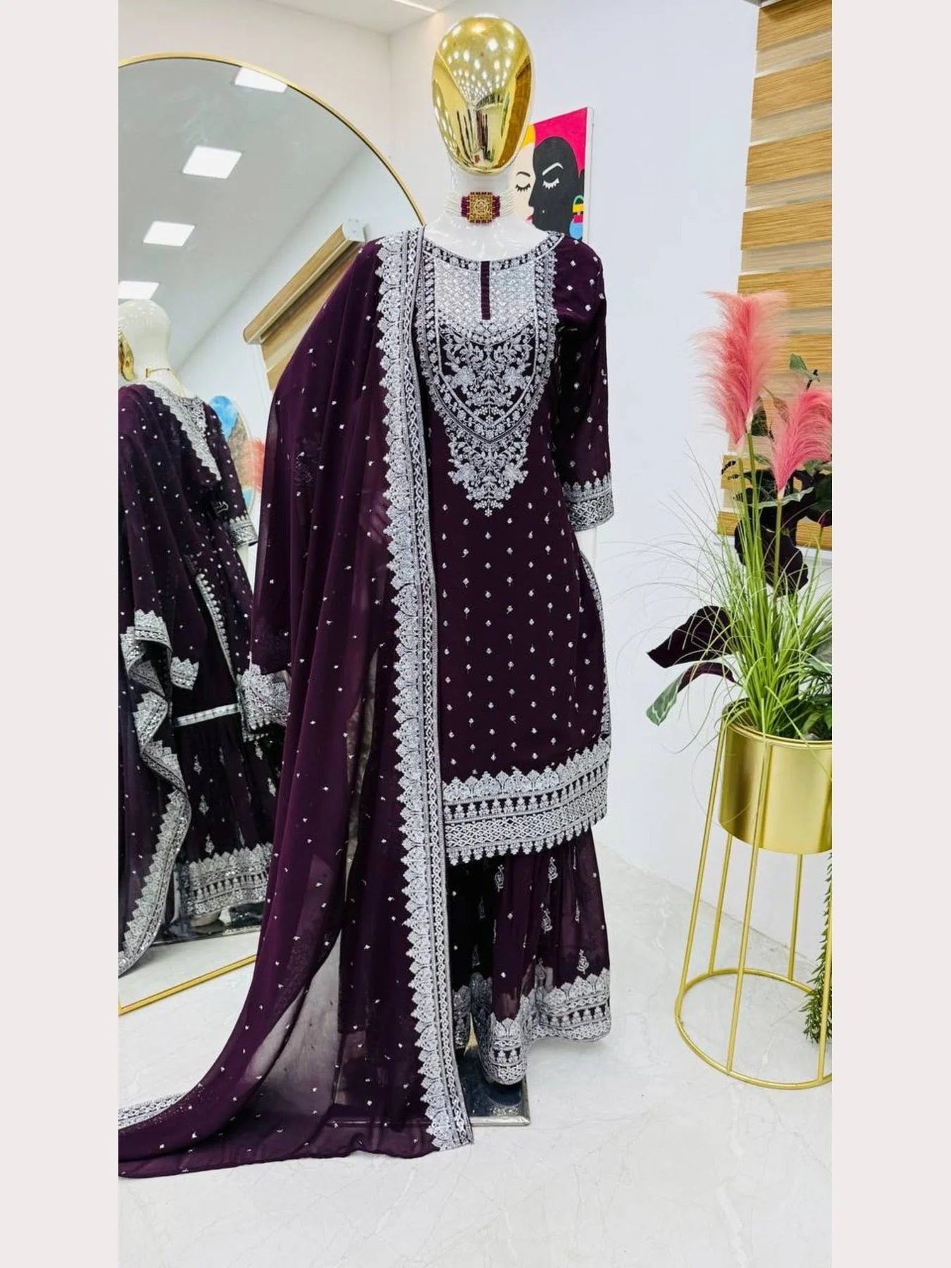 Women Maroon Designer Foux Georgette Embroidery and Sequence work Sharara set
