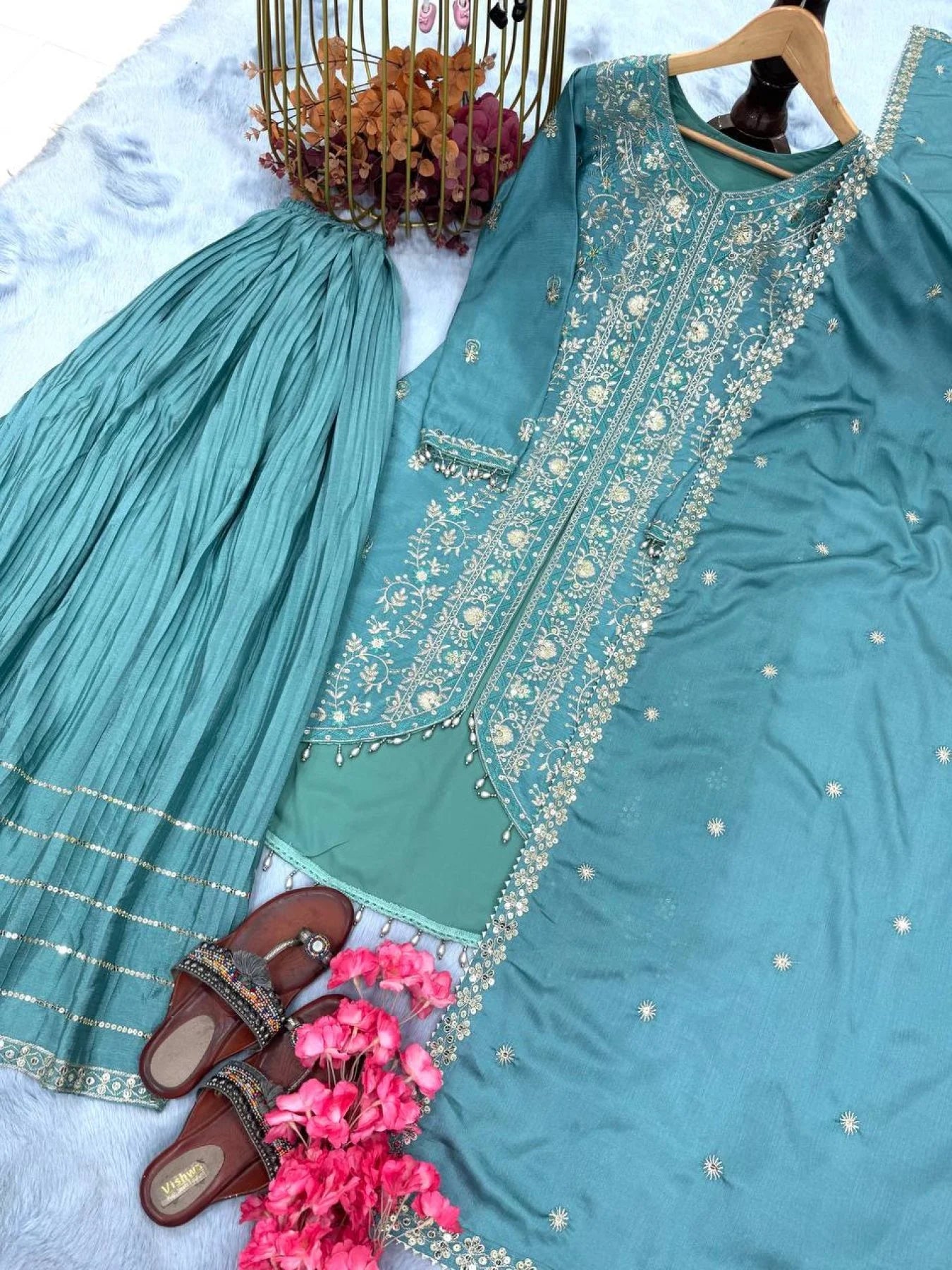 Launching New Designer Party Wear Look Pur Heavy pur chinon Silk Top Sharara Plazzo Dupatta Set