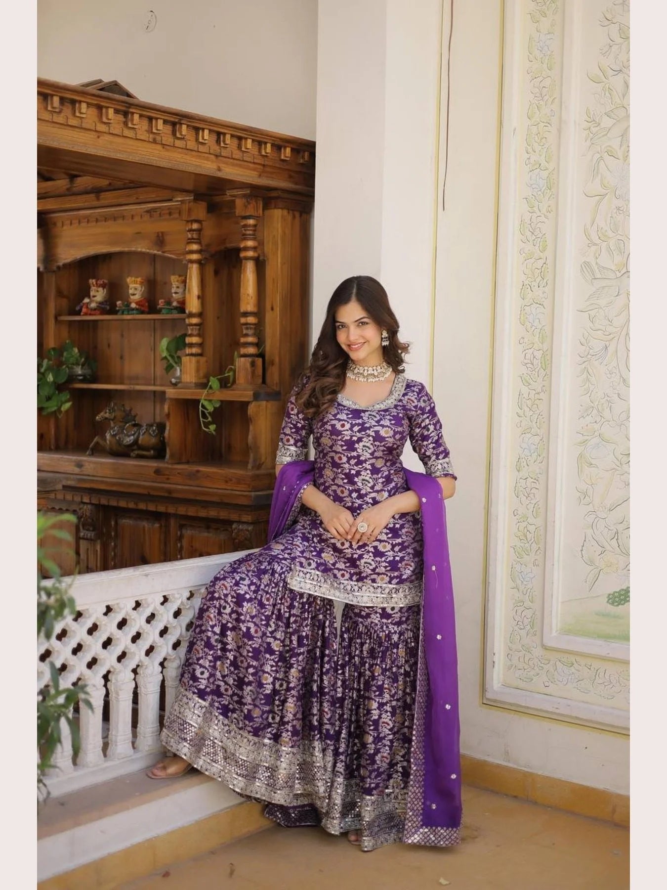 Ready to Wear wine Kurti Gharara in Viscose Jacquerd and Embroidery Sequence work with Russion Silk Dupatta