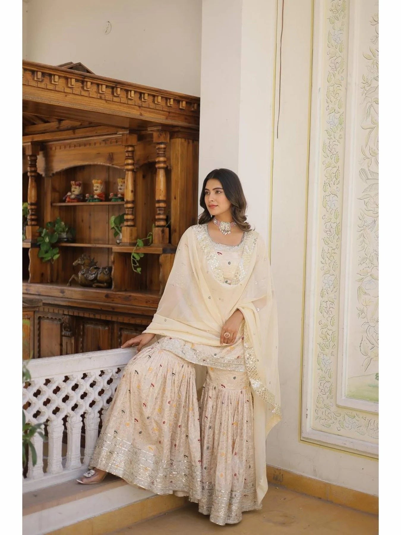 Ready to Wear Off White Kurti Gharara in Viscose Jacquerd and Embroidery Sequence work with Russion Silk Dupatta