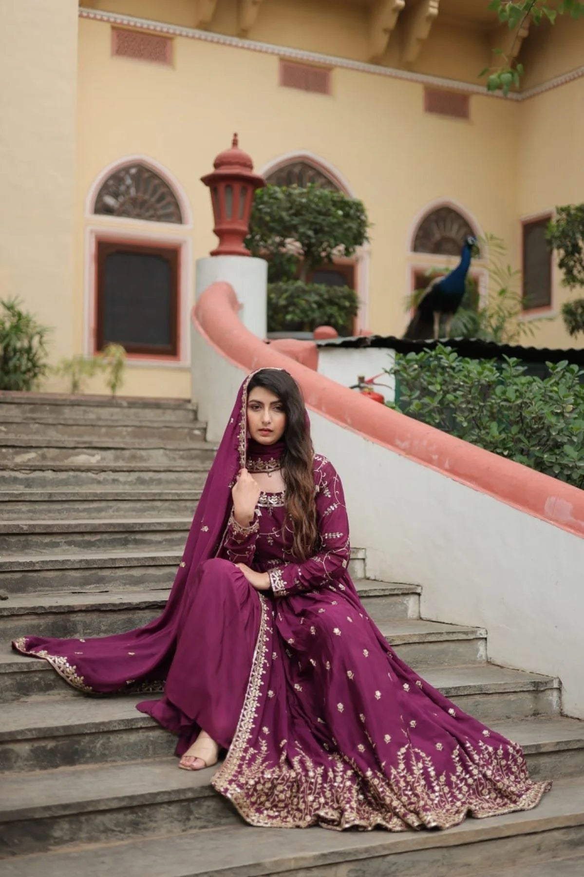 Stunning Wine Color Chinon Designer Embroidered Salwar Suit
