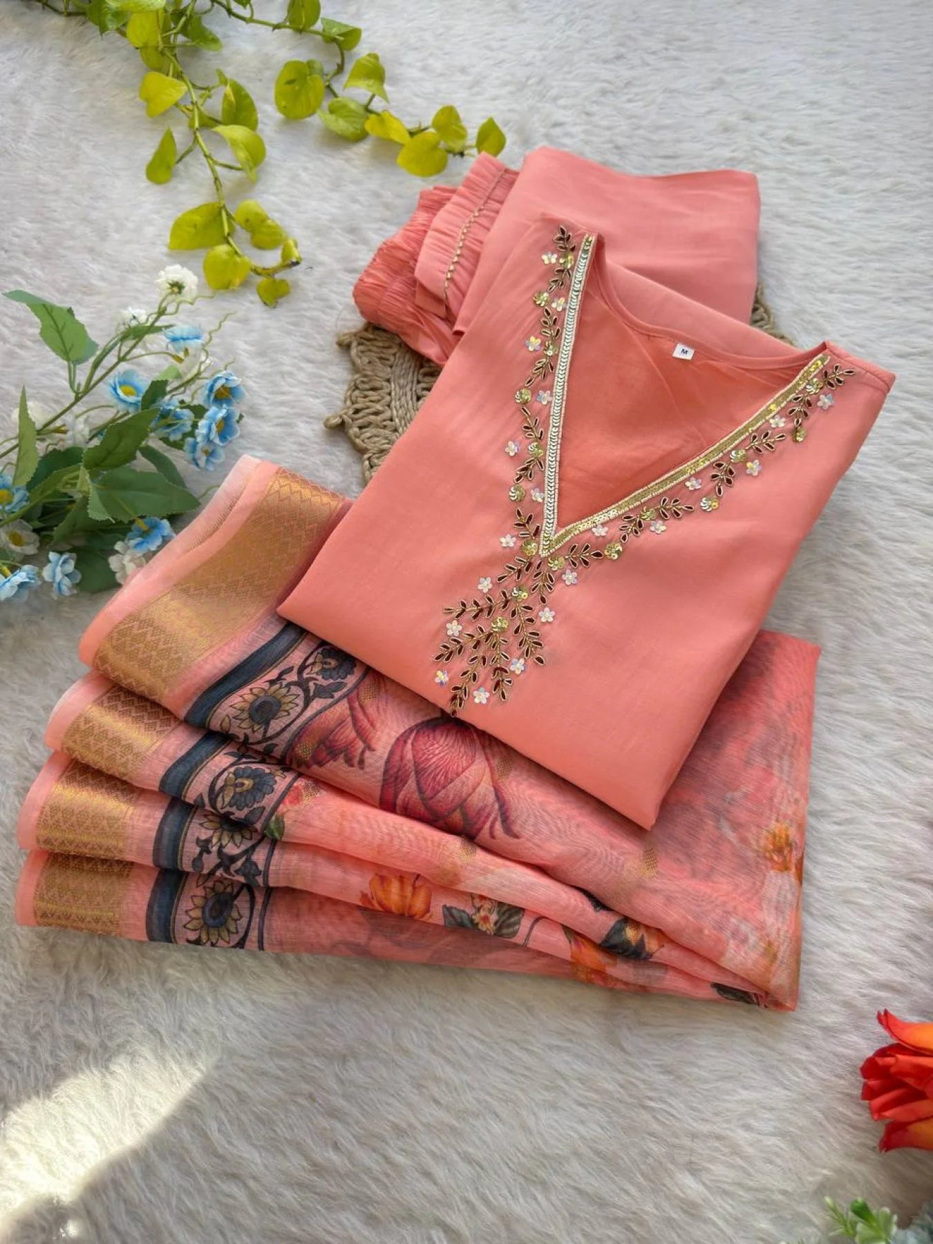 Peach Roman Silk Kurti Set with Miyani Pant & Digital Chanderi Dupatta Festive 3PC Wear for Wholesale Price