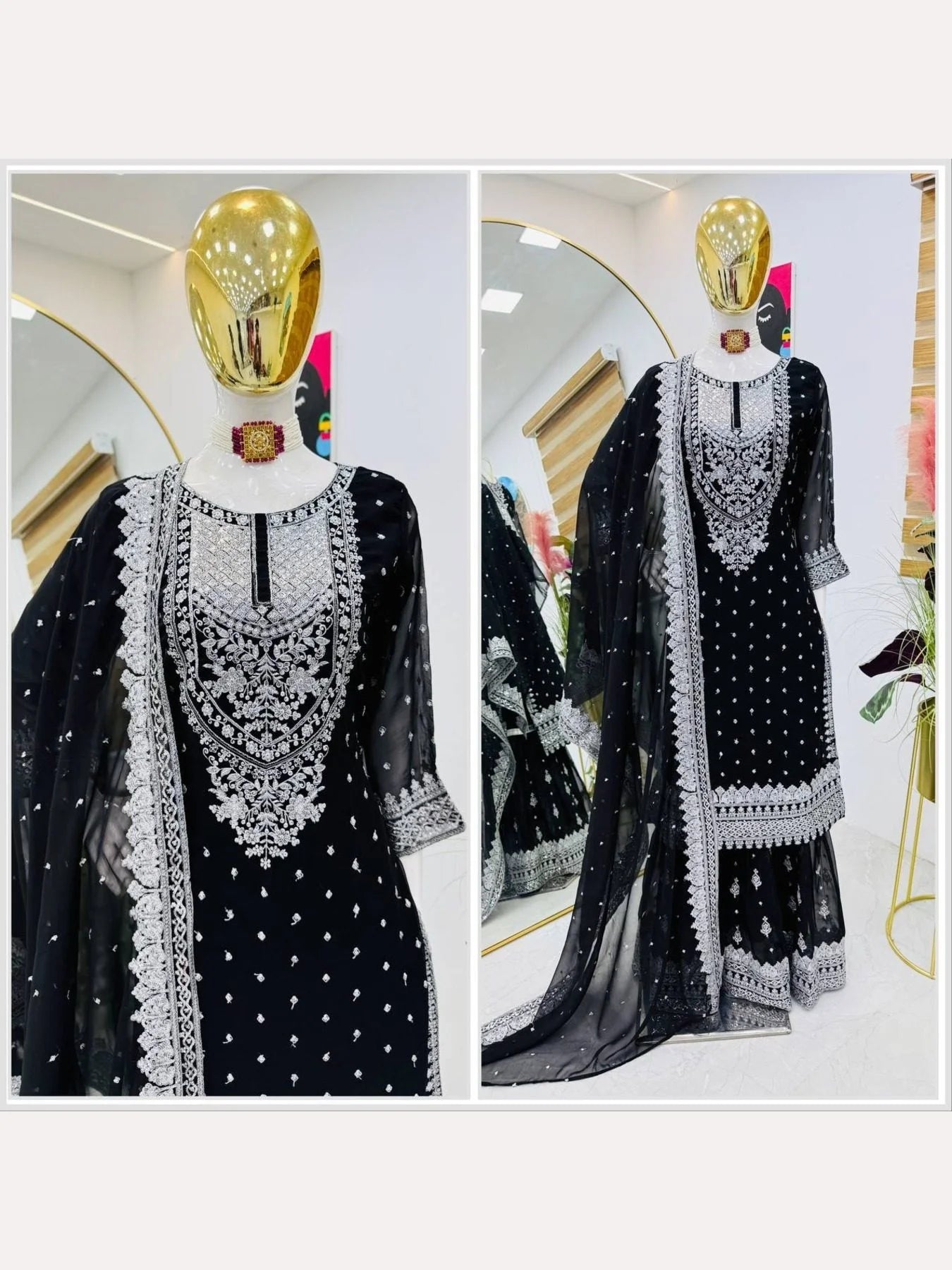 Women Black Designer Foux Georgette Embroidery and Sequence work Sharara set