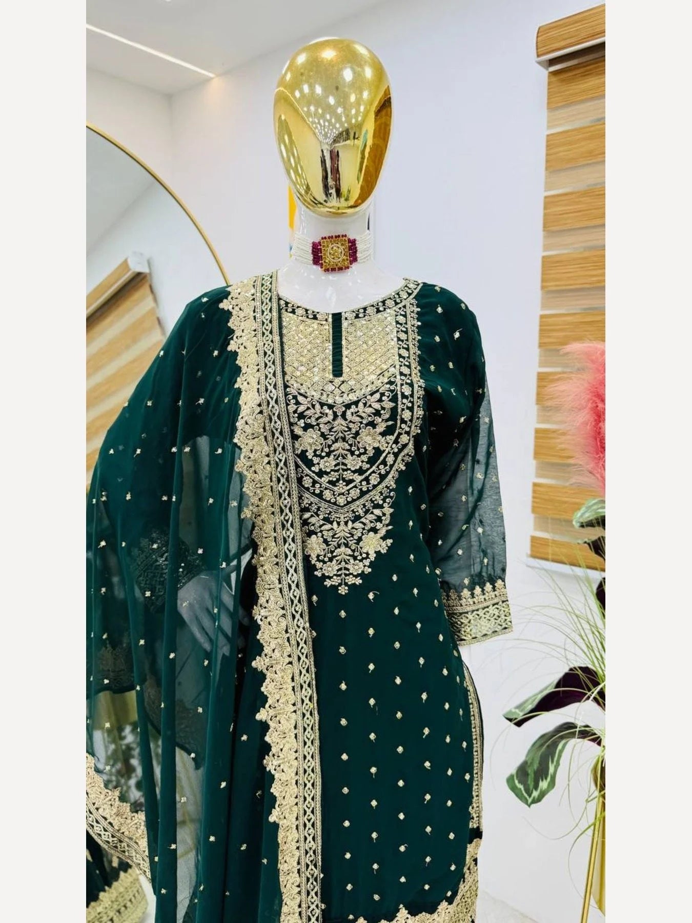 Women Green Designer Foux Georgette Embroidery and Sequence work Sharara set
