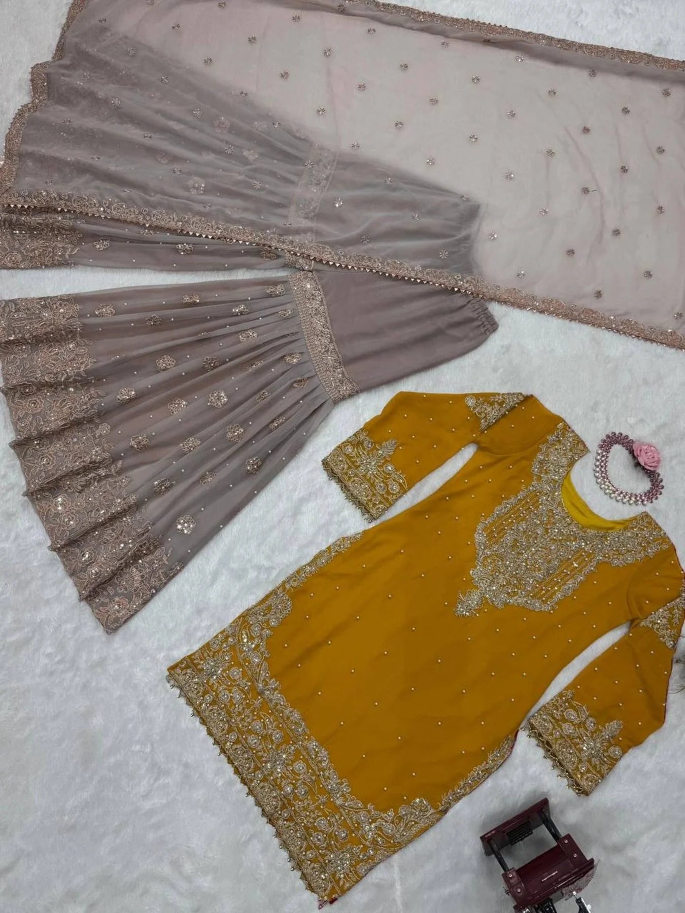 Beautiful Designer faux Georgette Sequence yellow Sharara set with Dupatta