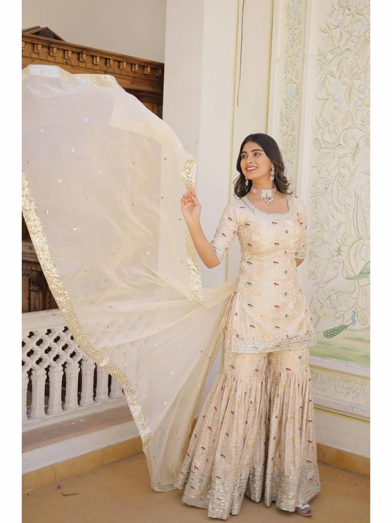Ready to Wear Off White Kurti Gharara in Viscose Jacquerd and Embroidery Sequence work with Russion Silk Dupatta