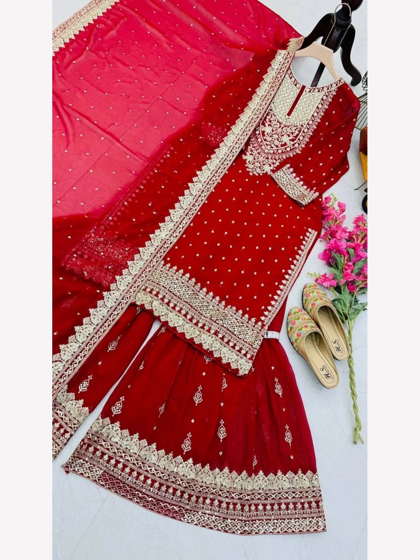 Women Red Designer Foux Georgette Embroidery and Sequence work Sharara set