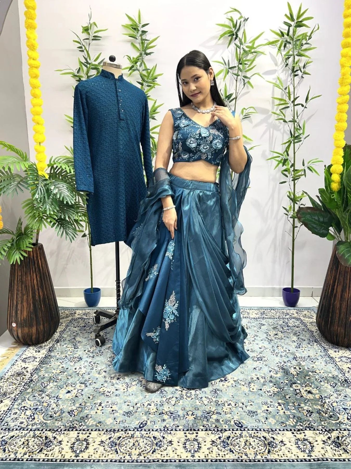 Rama Western Flower Couple Combo Lahenga Choli