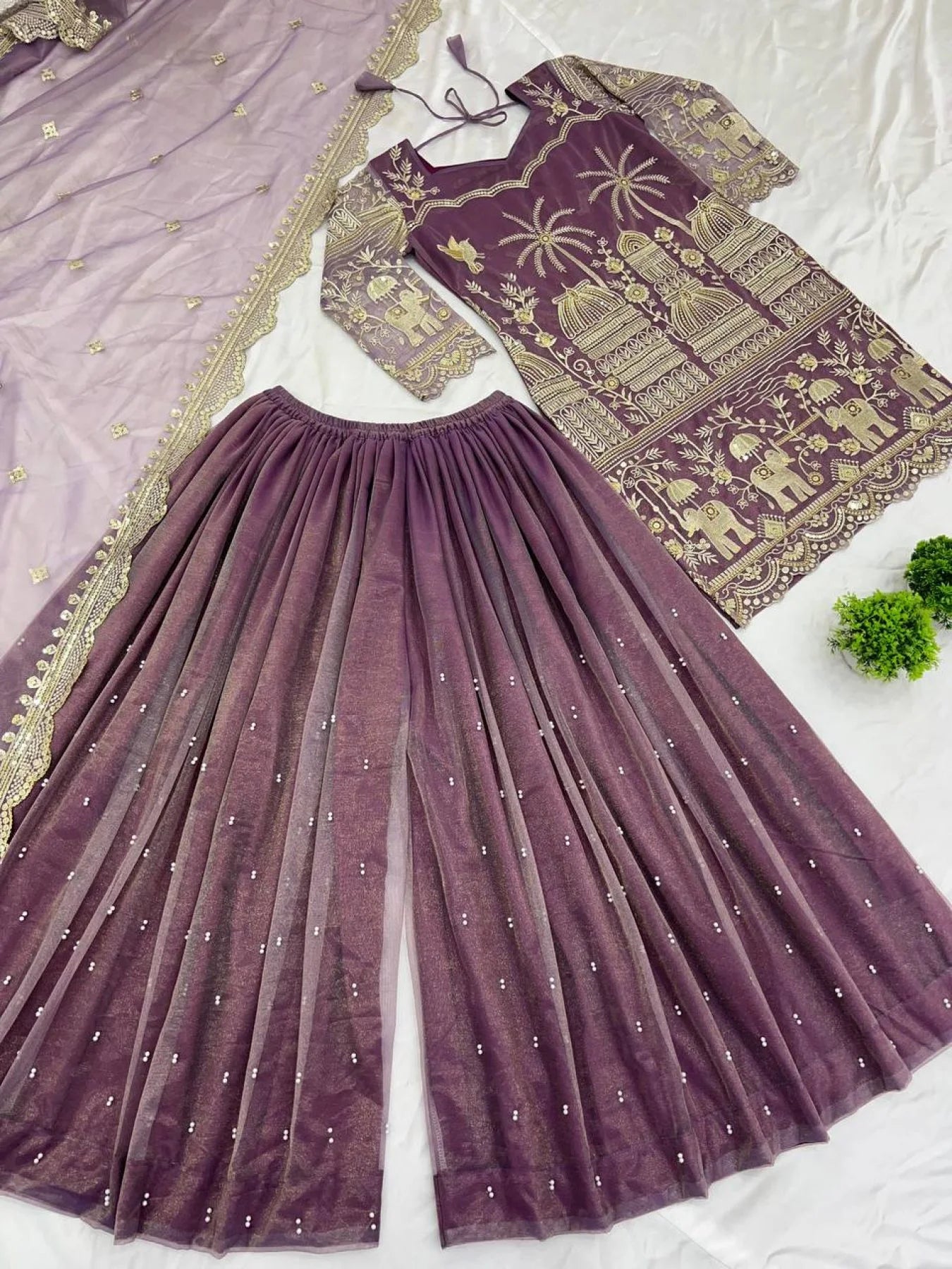 Stylish Anarkali Kurti Sharara Set Super Net Embroidery with Micro Cotton Inner