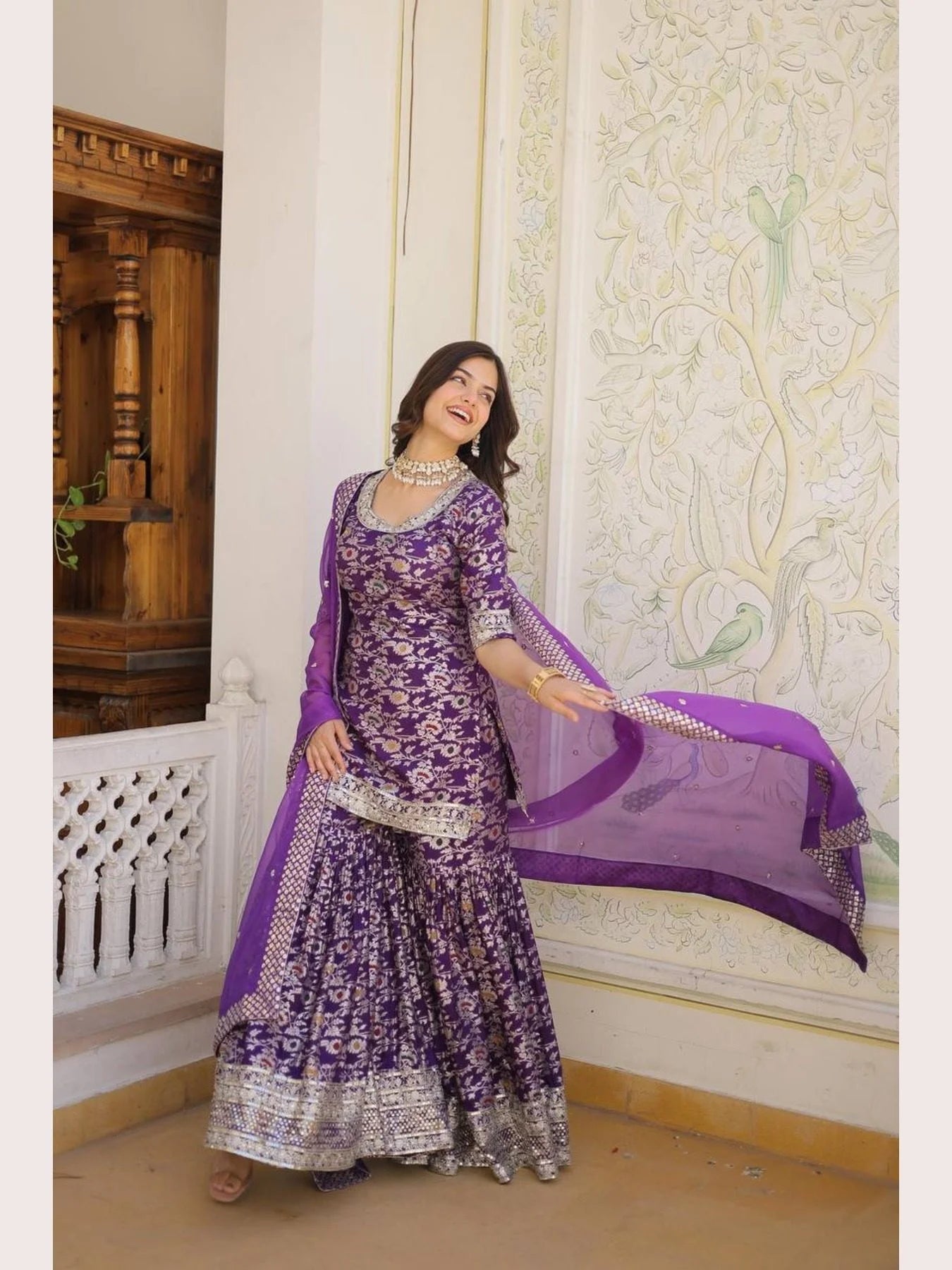 Ready to Wear wine Kurti Gharara in Viscose Jacquerd and Embroidery Sequence work with Russion Silk Dupatta
